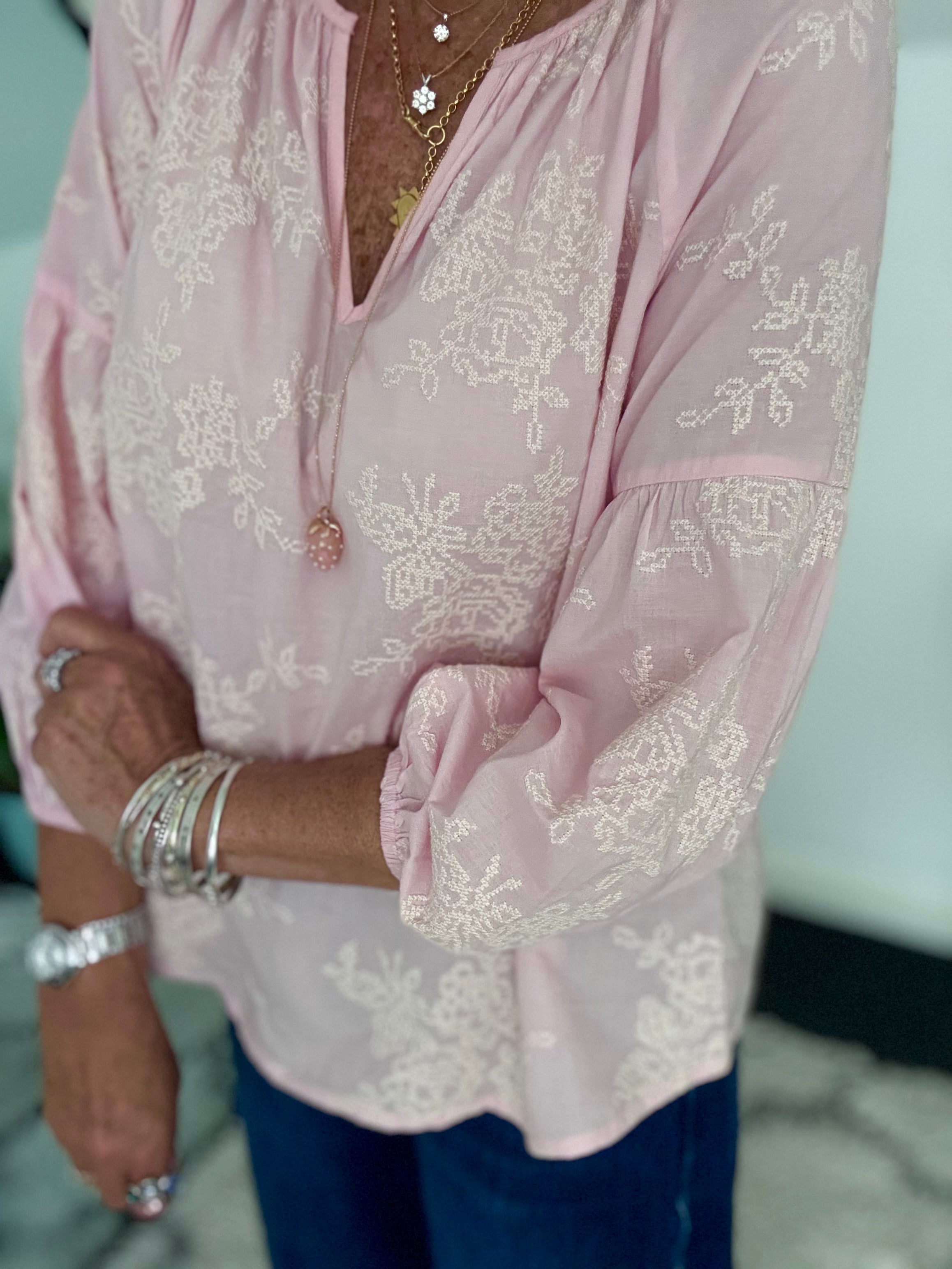 Luxe Embroidered Blouse in Pink