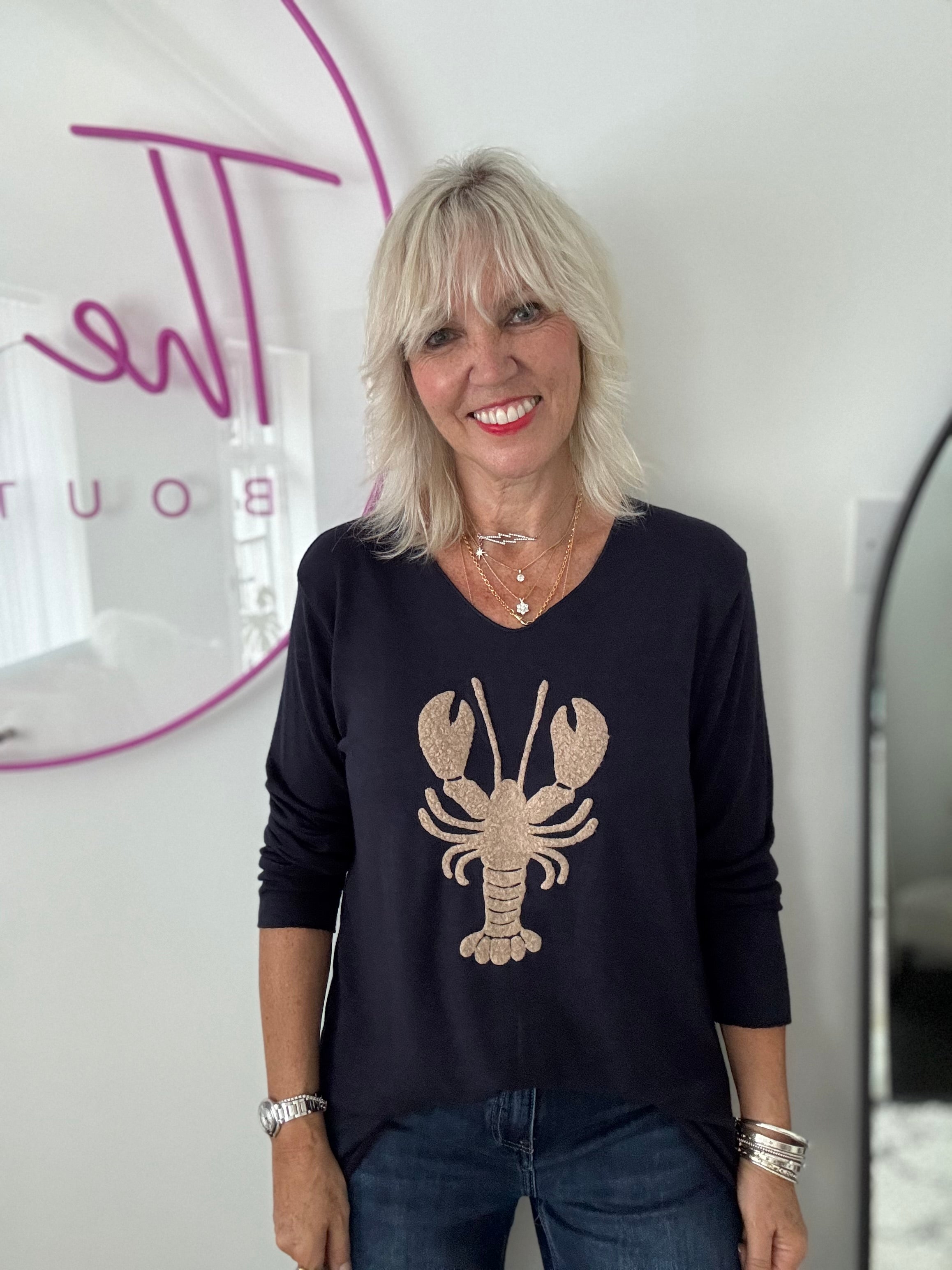 Soft V Neck Lobster Knit in Ink