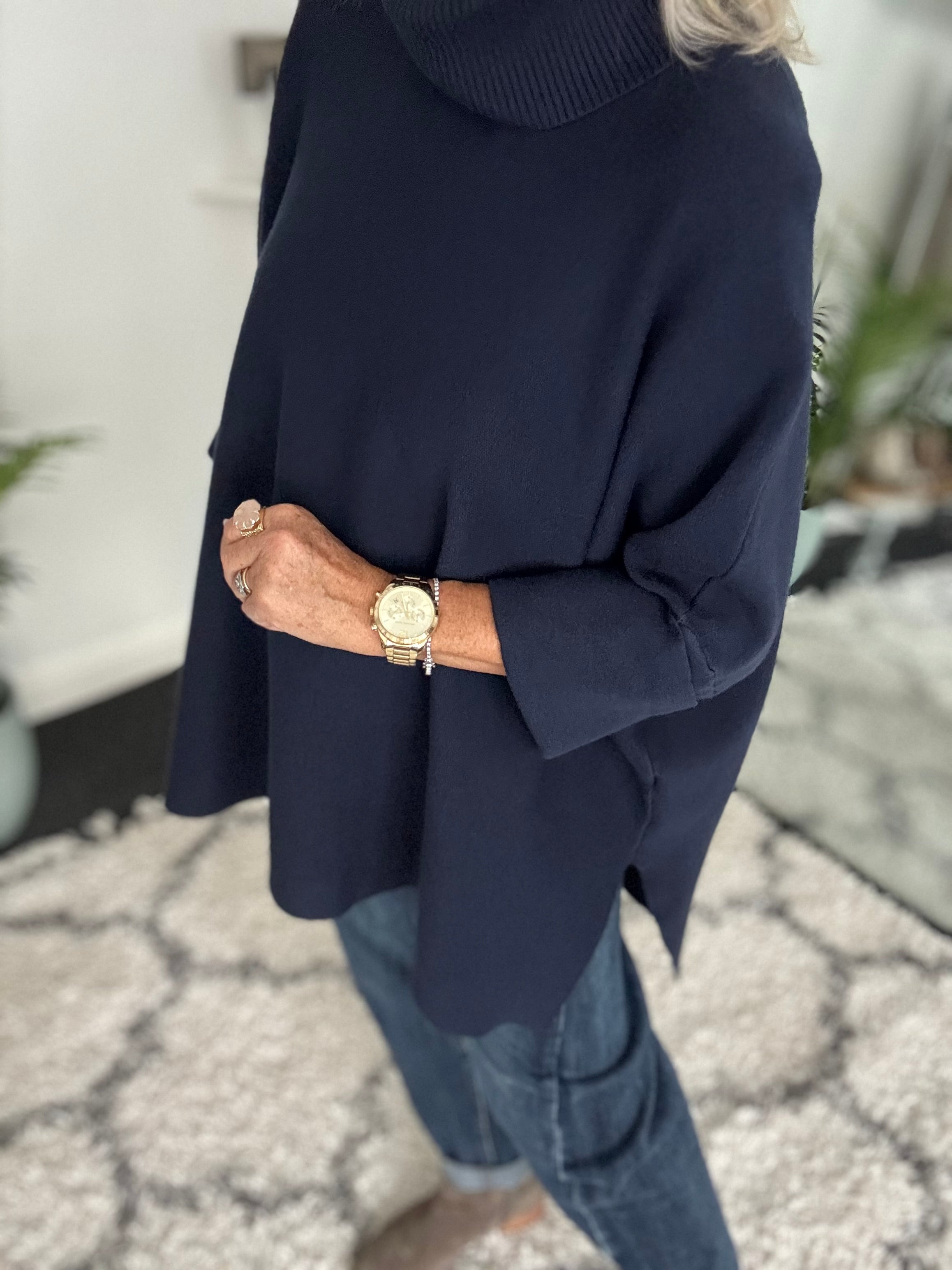 Oversized Roll Neck Poncho Jumper in Ink
