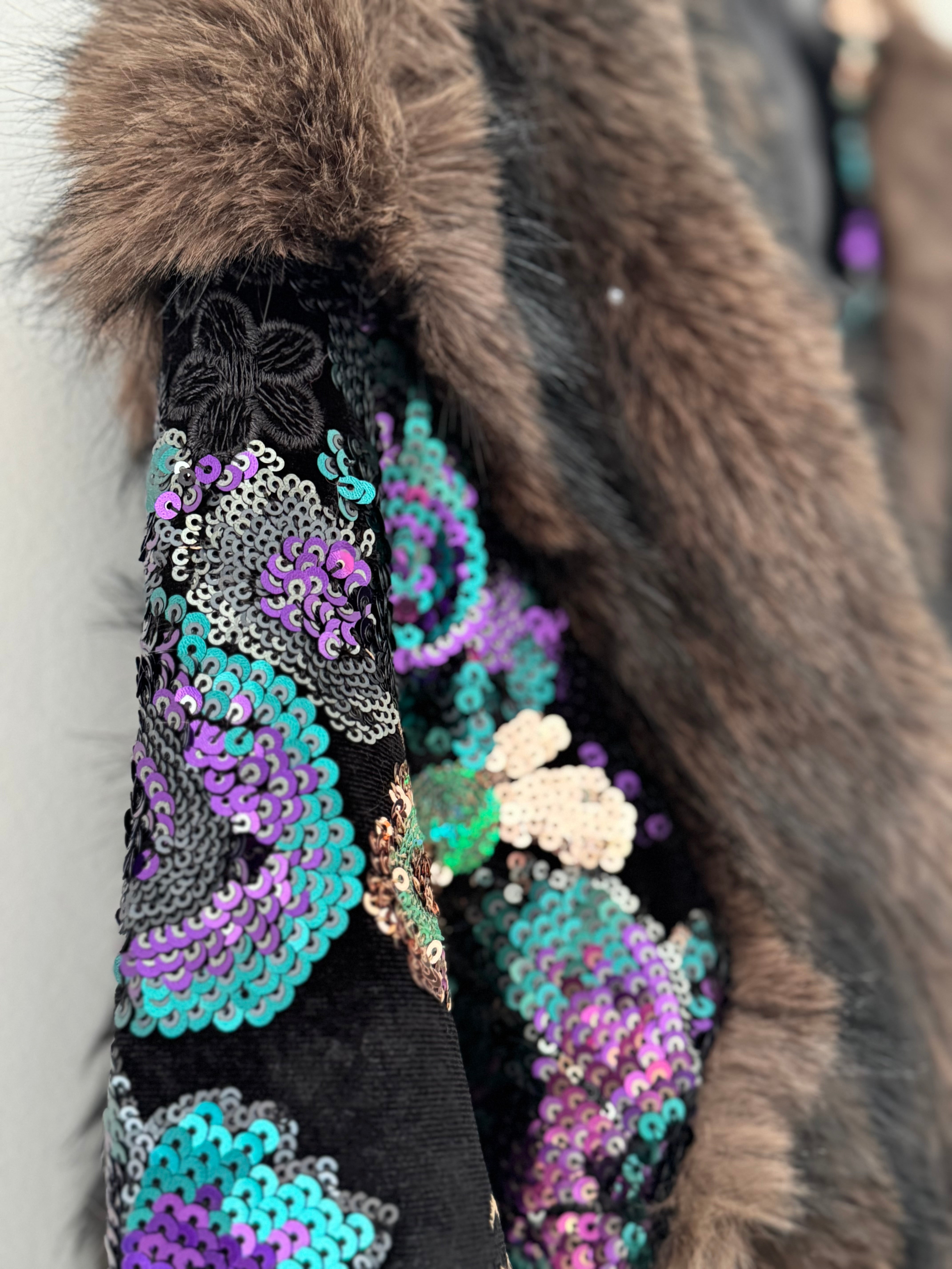 Faux Fur Jacket with Sequin Sleeves