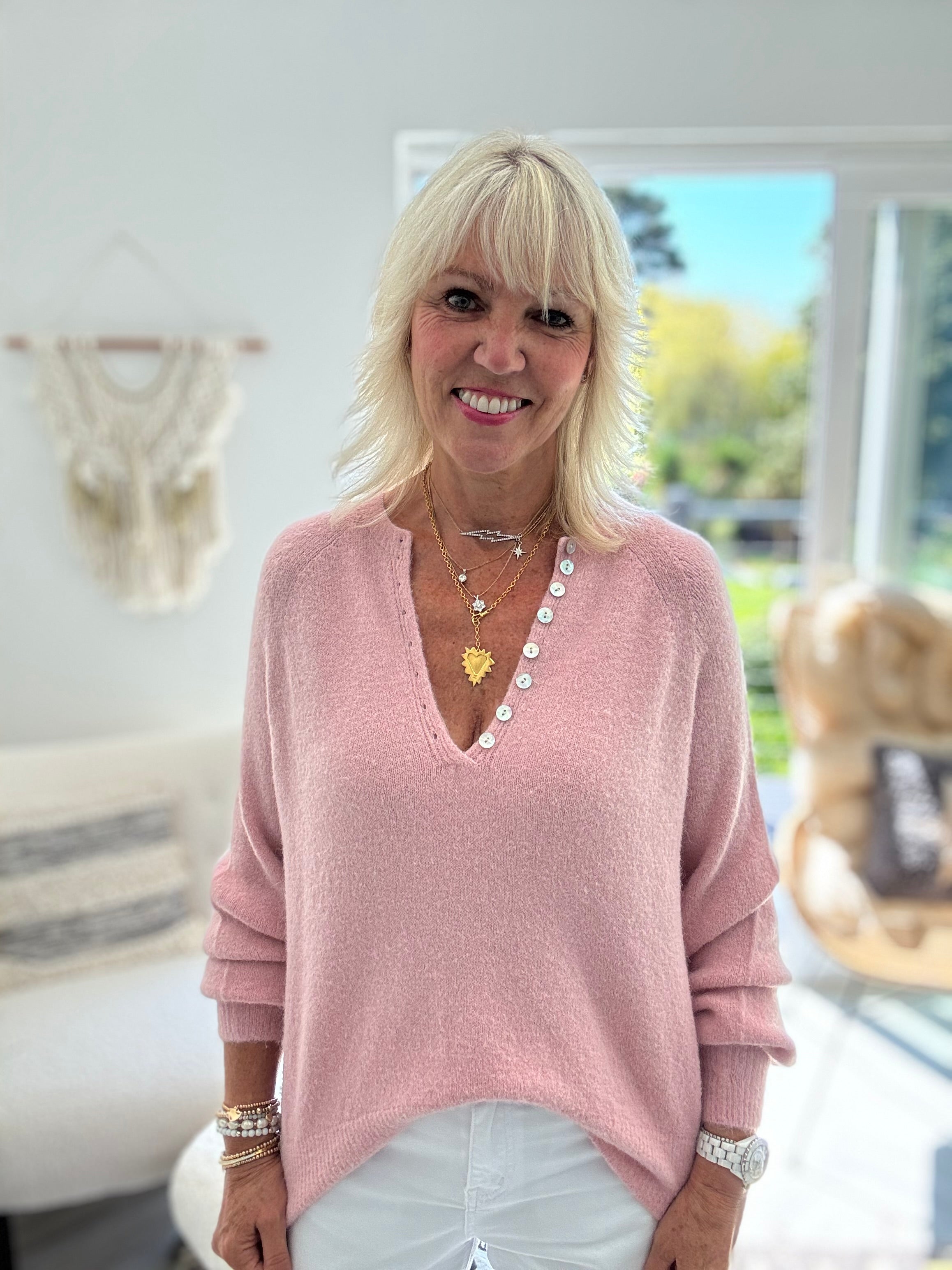 Softie Jumper with Button Neck in Soft Pink