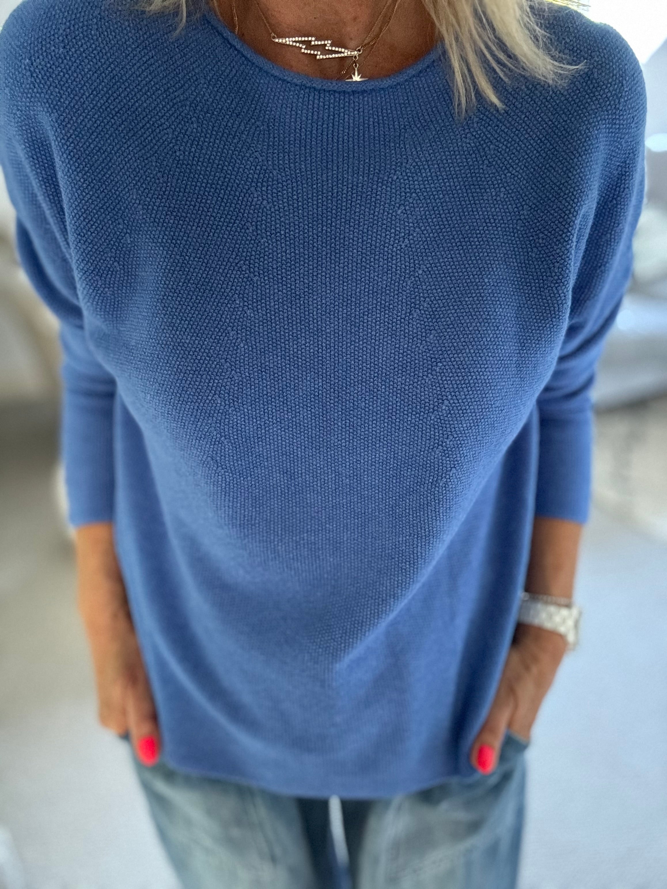 Moss Stitch Jumper with Ladder Back in Sky Blue
