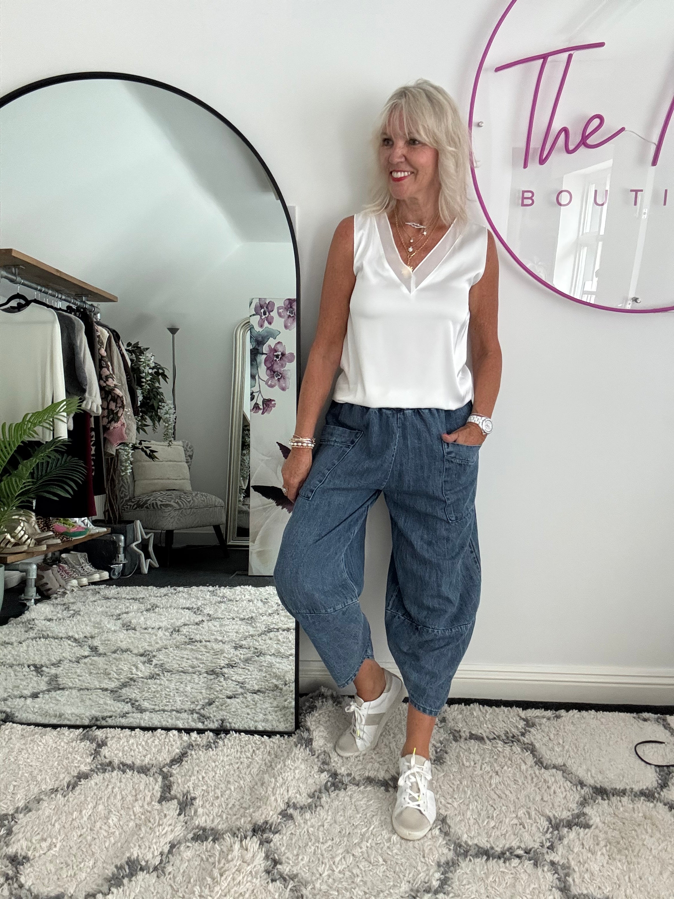Premium Barrel Leg Trousers in Blue Denim