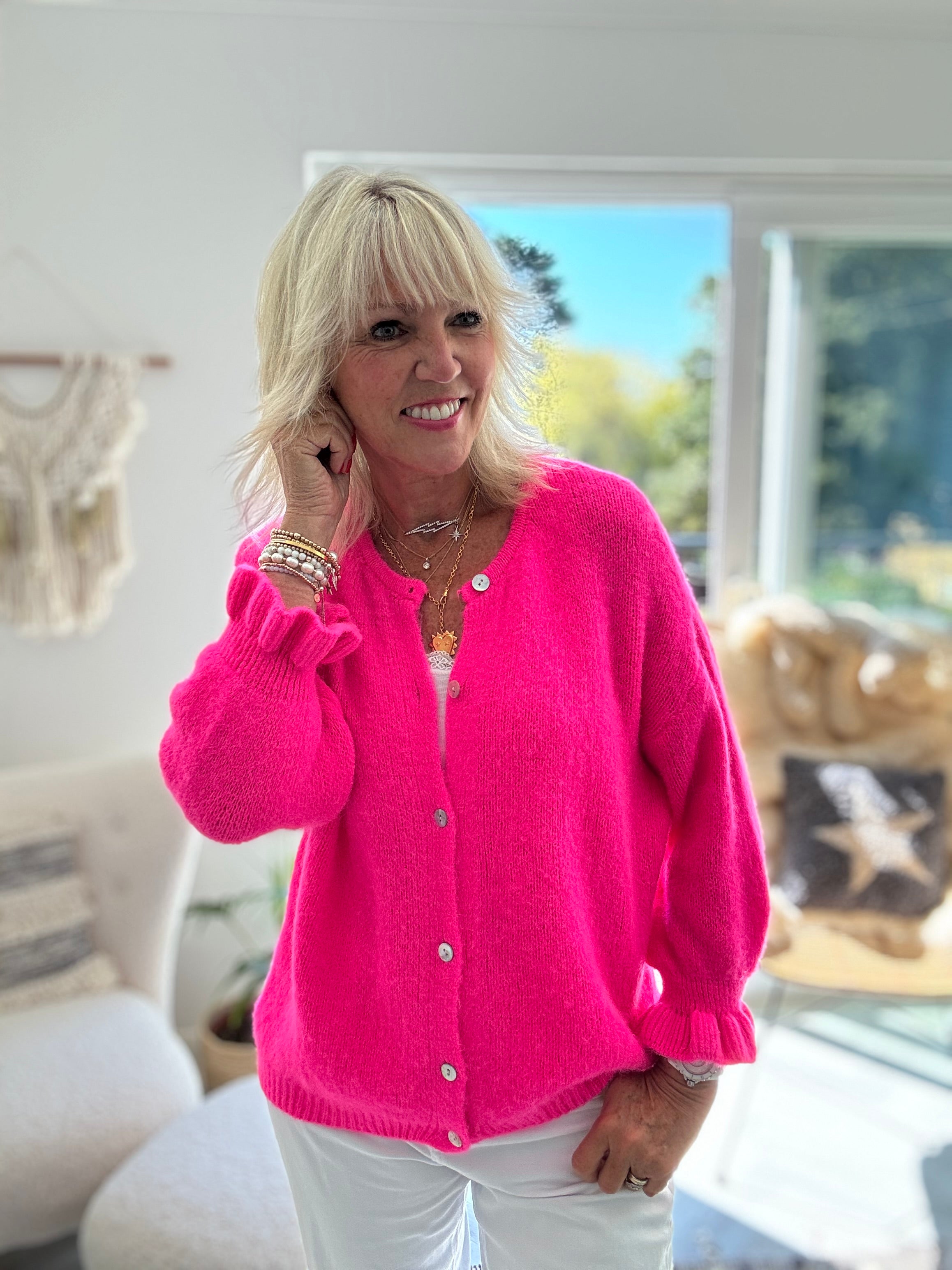 Alpaca Cardi with Frill Cuffs in Neon Pink