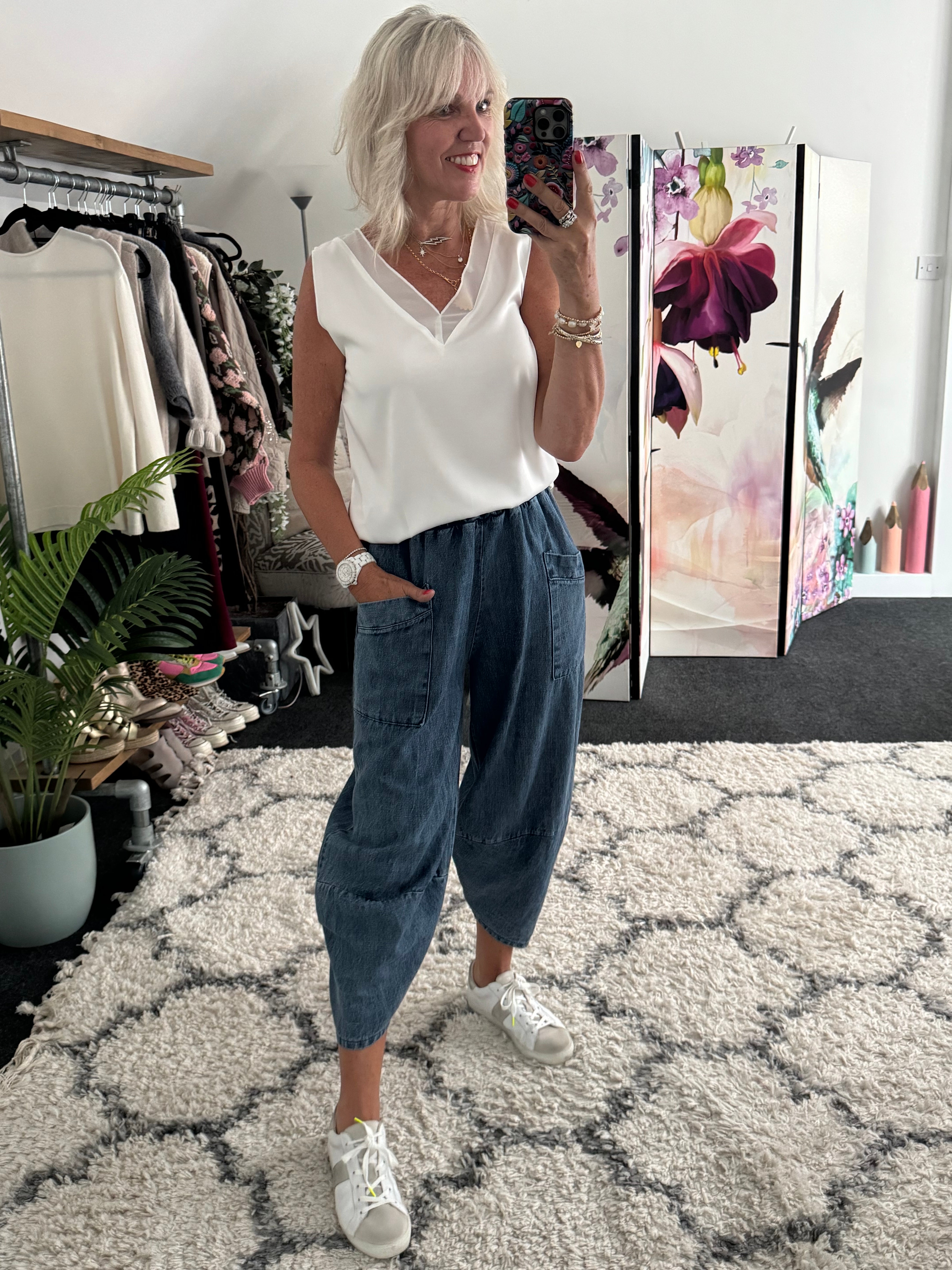 Premium Barrel Leg Trousers in Blue Denim