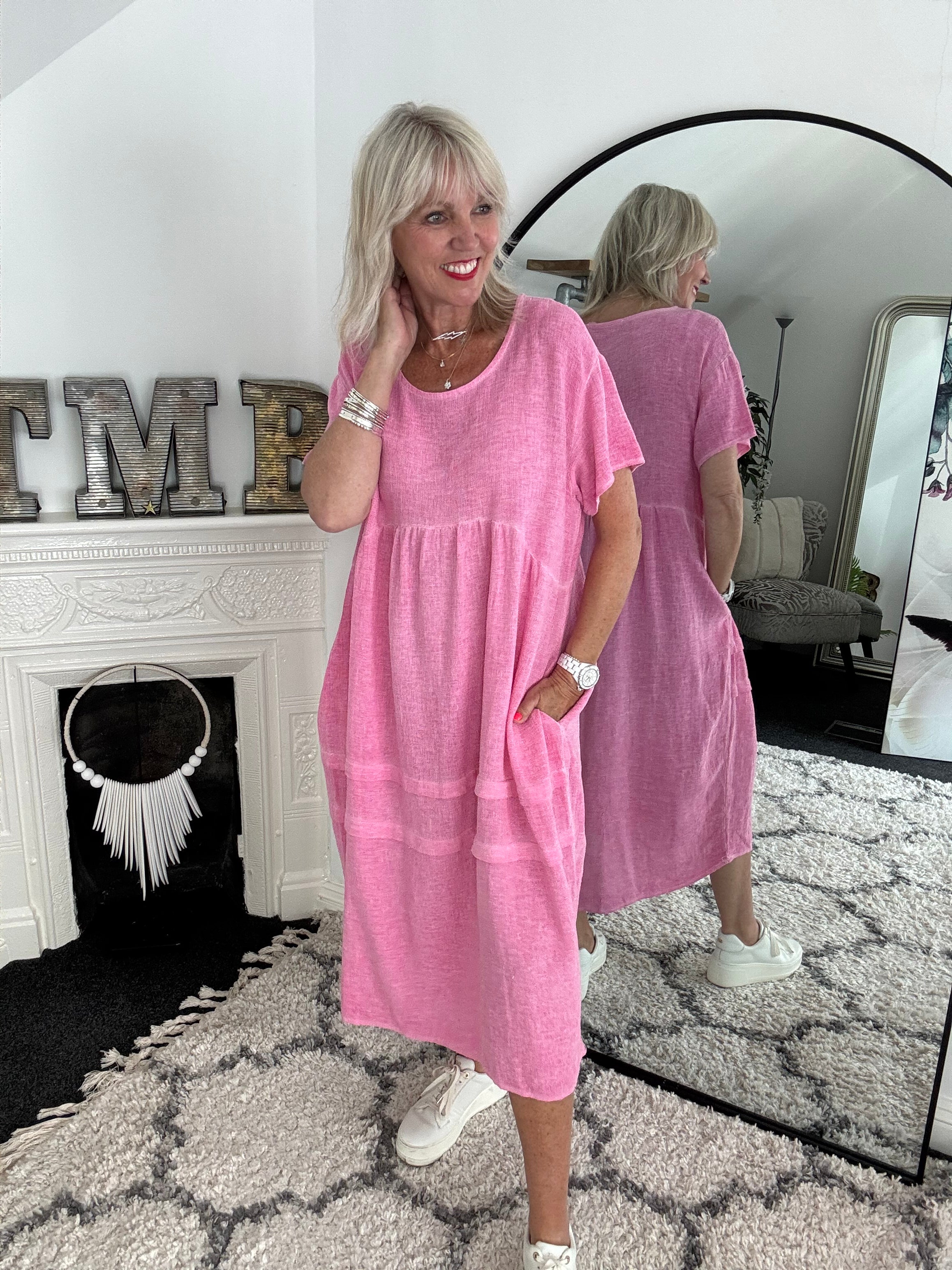 Cotton & Linen Cocoon Dress in Candy Pink