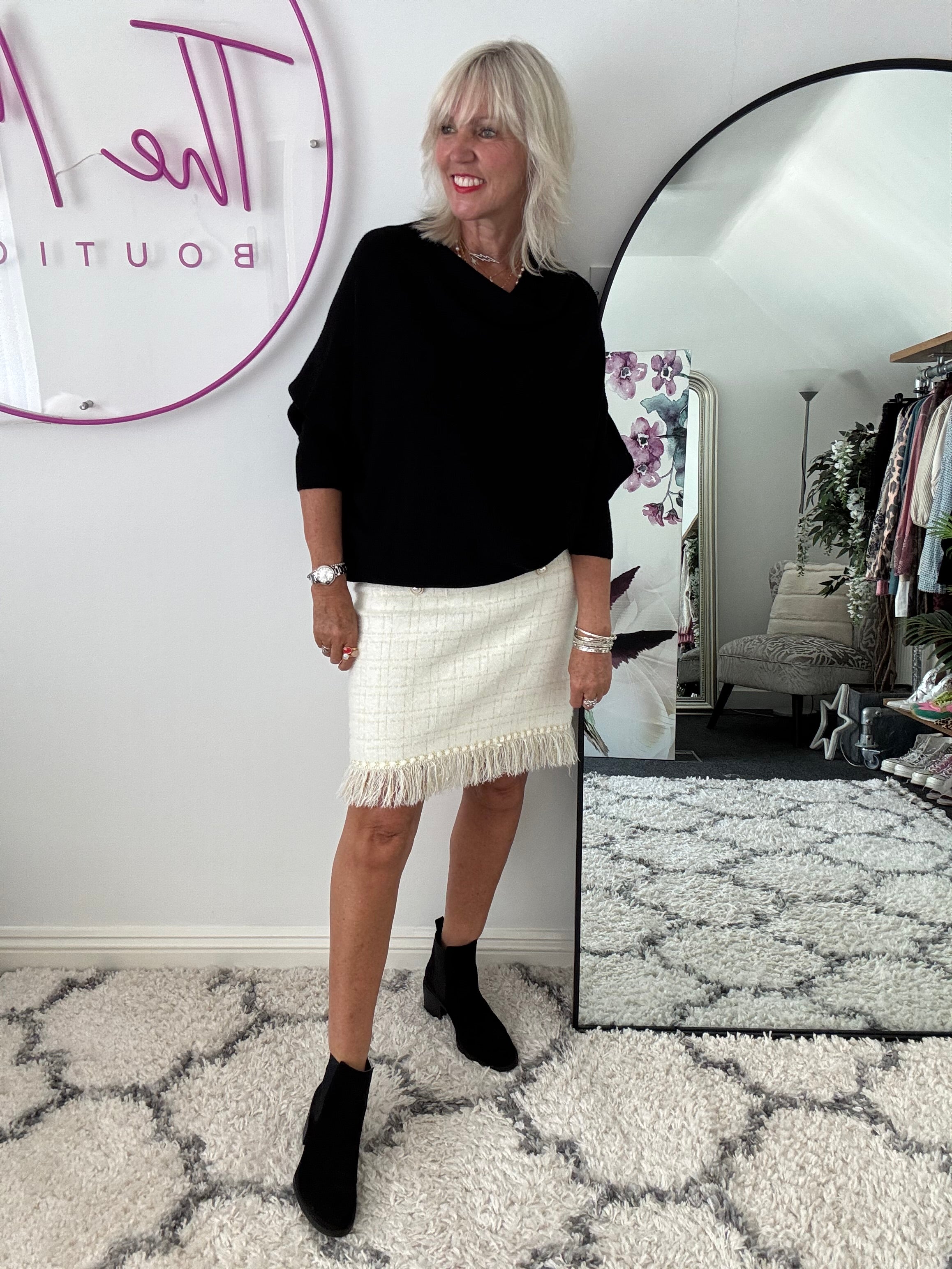 Pearl Button & Tweed Skirt in Ivory