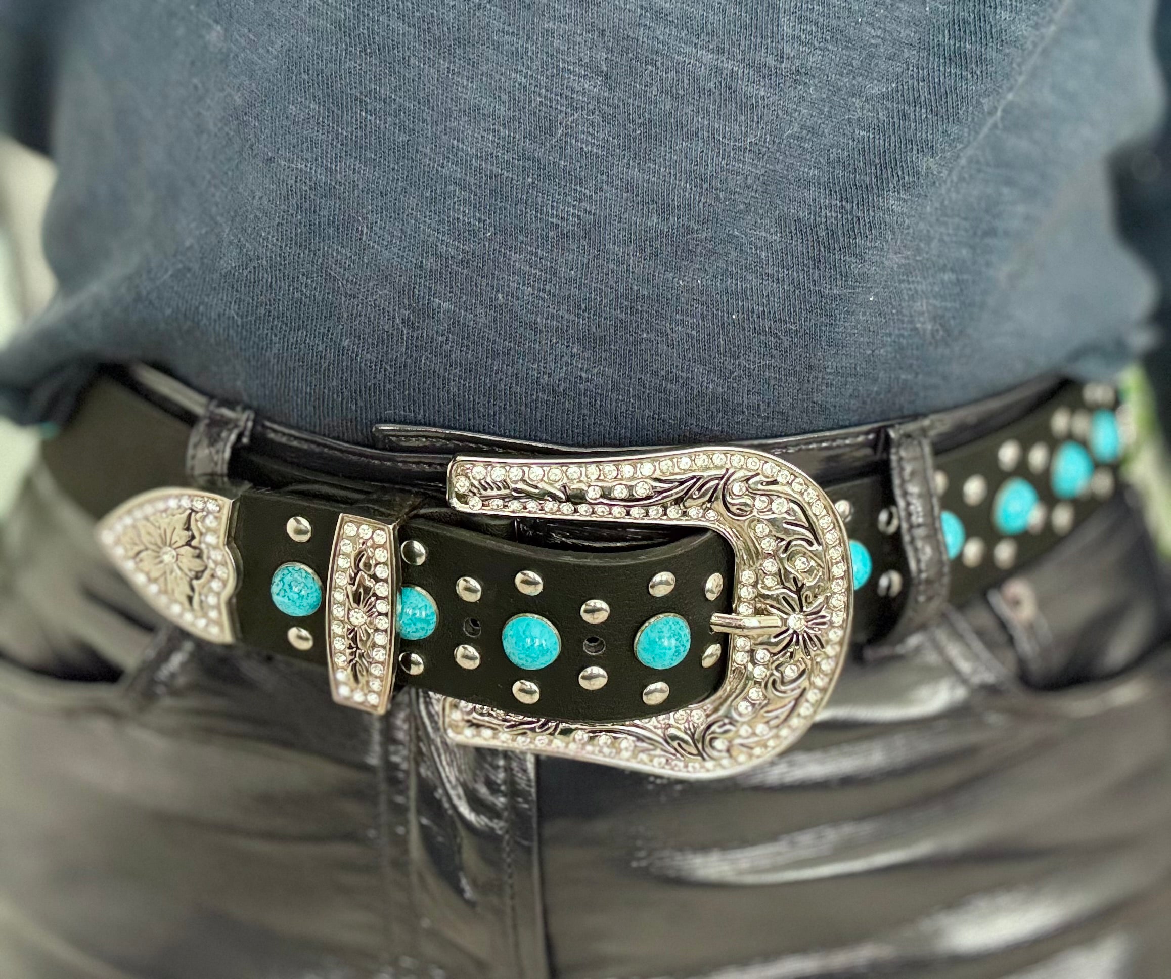 Western Studded Leather Belt in Black & Turquoise