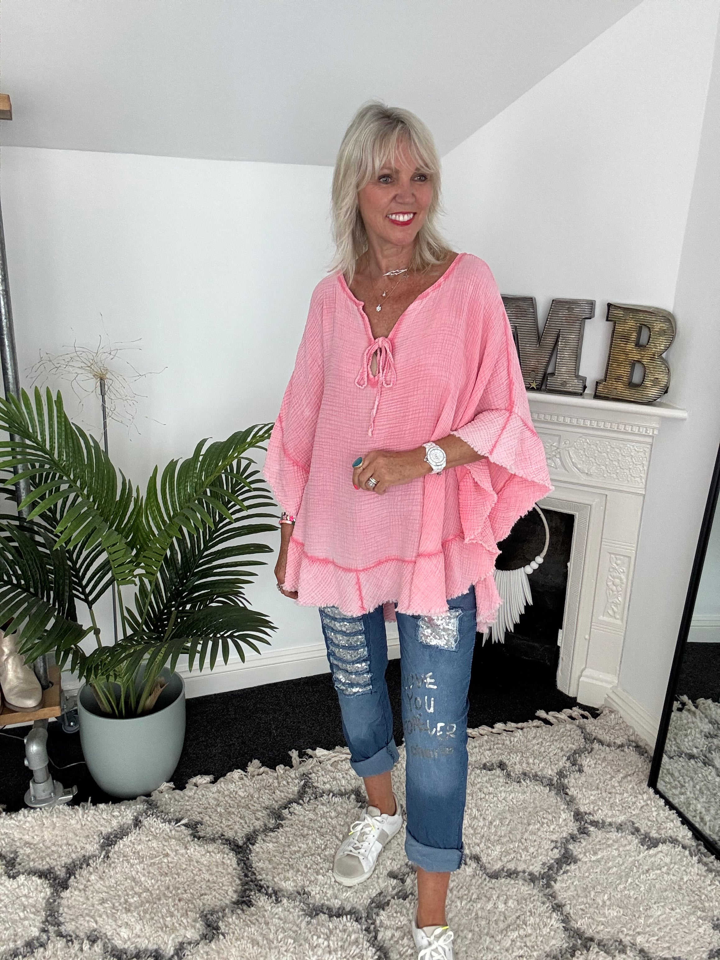 Oversized Cheesecloth Top in Coral Pink