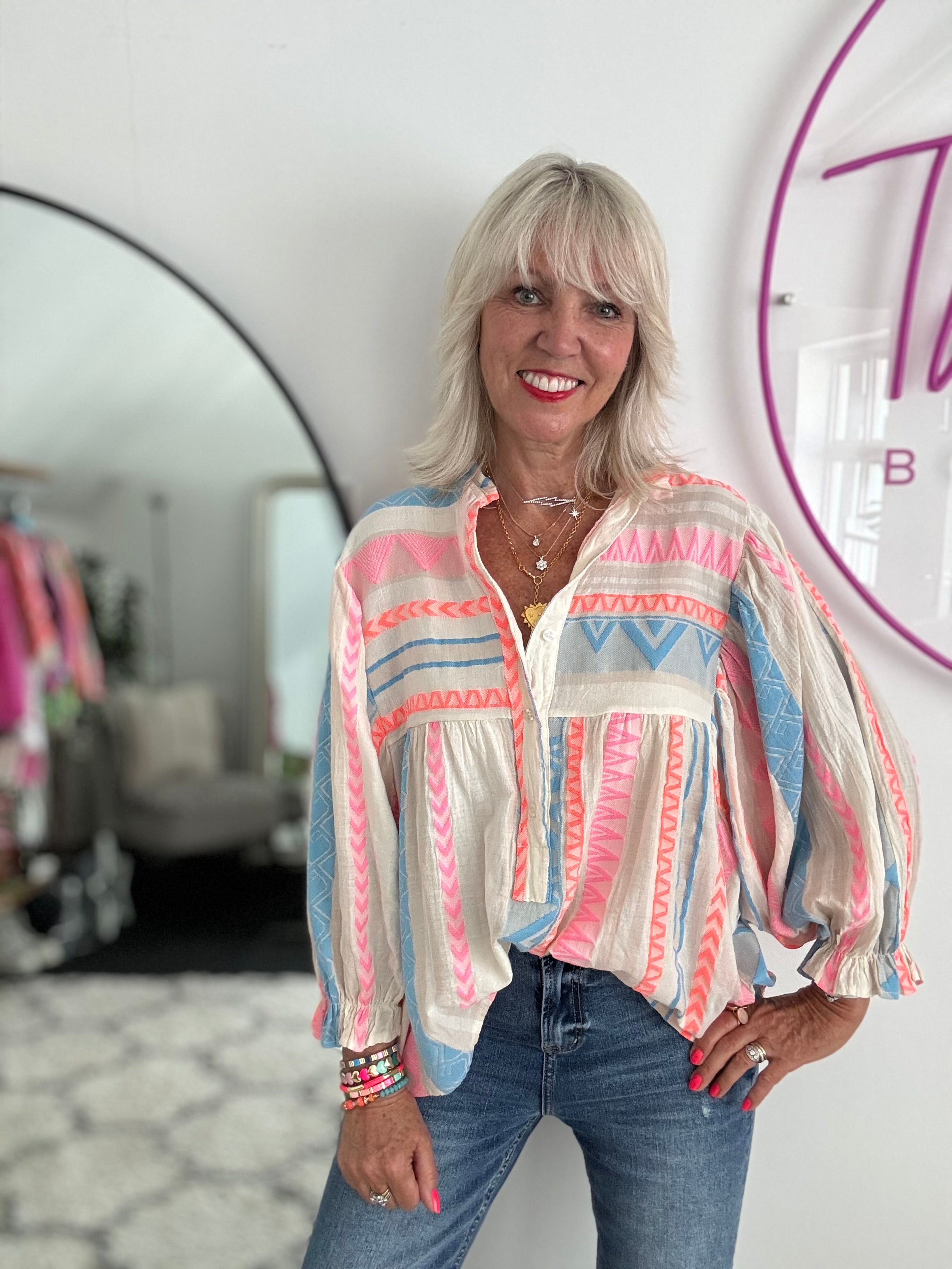 Embroidered Shirt in Blue & Pink