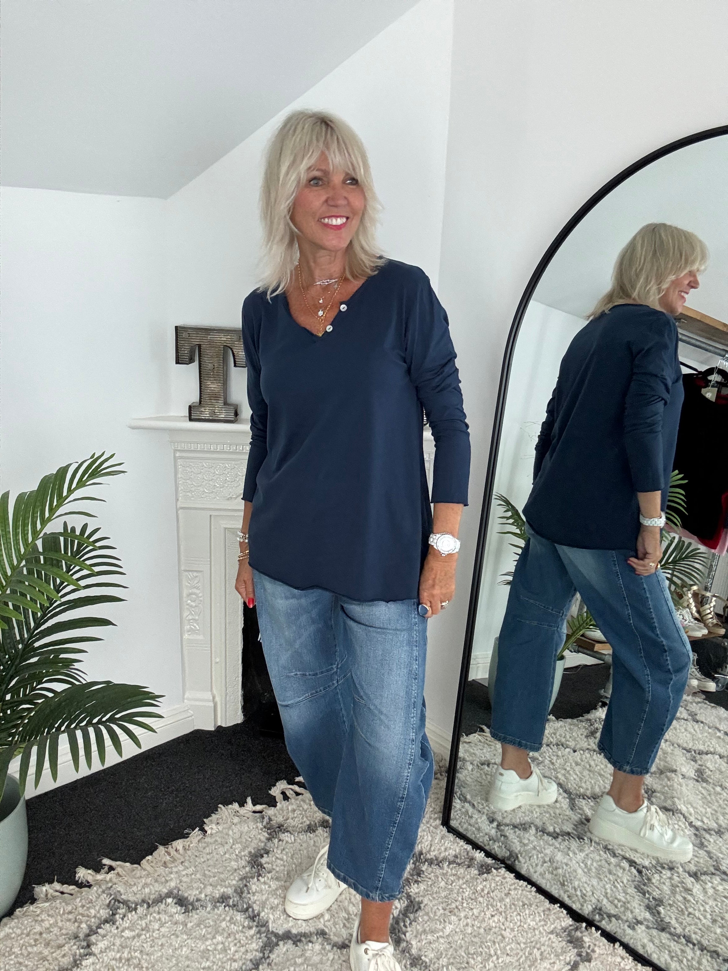 Long Sleeve Cotton Top in Navy