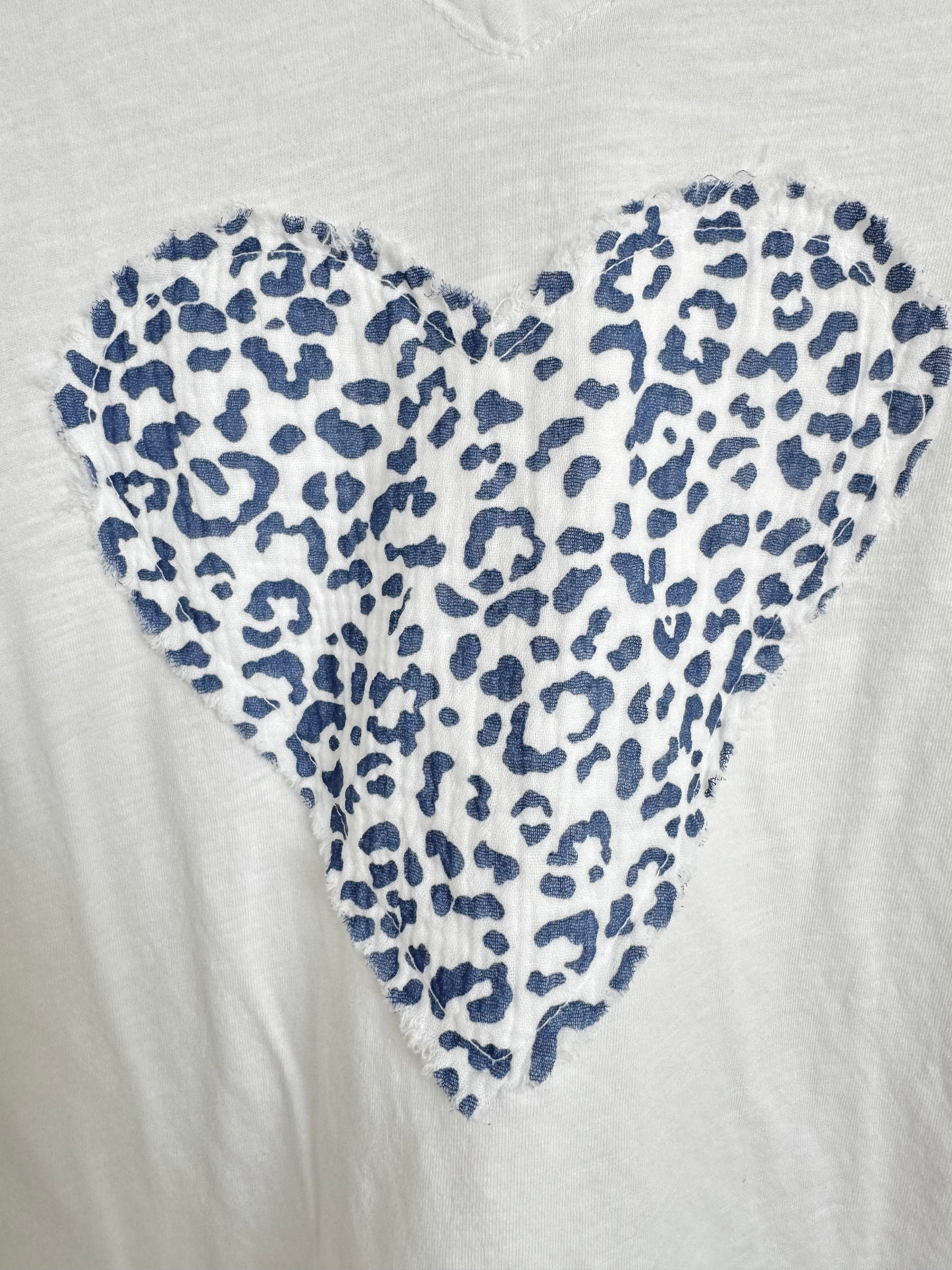 White Tee with Leopard Heart in Blue