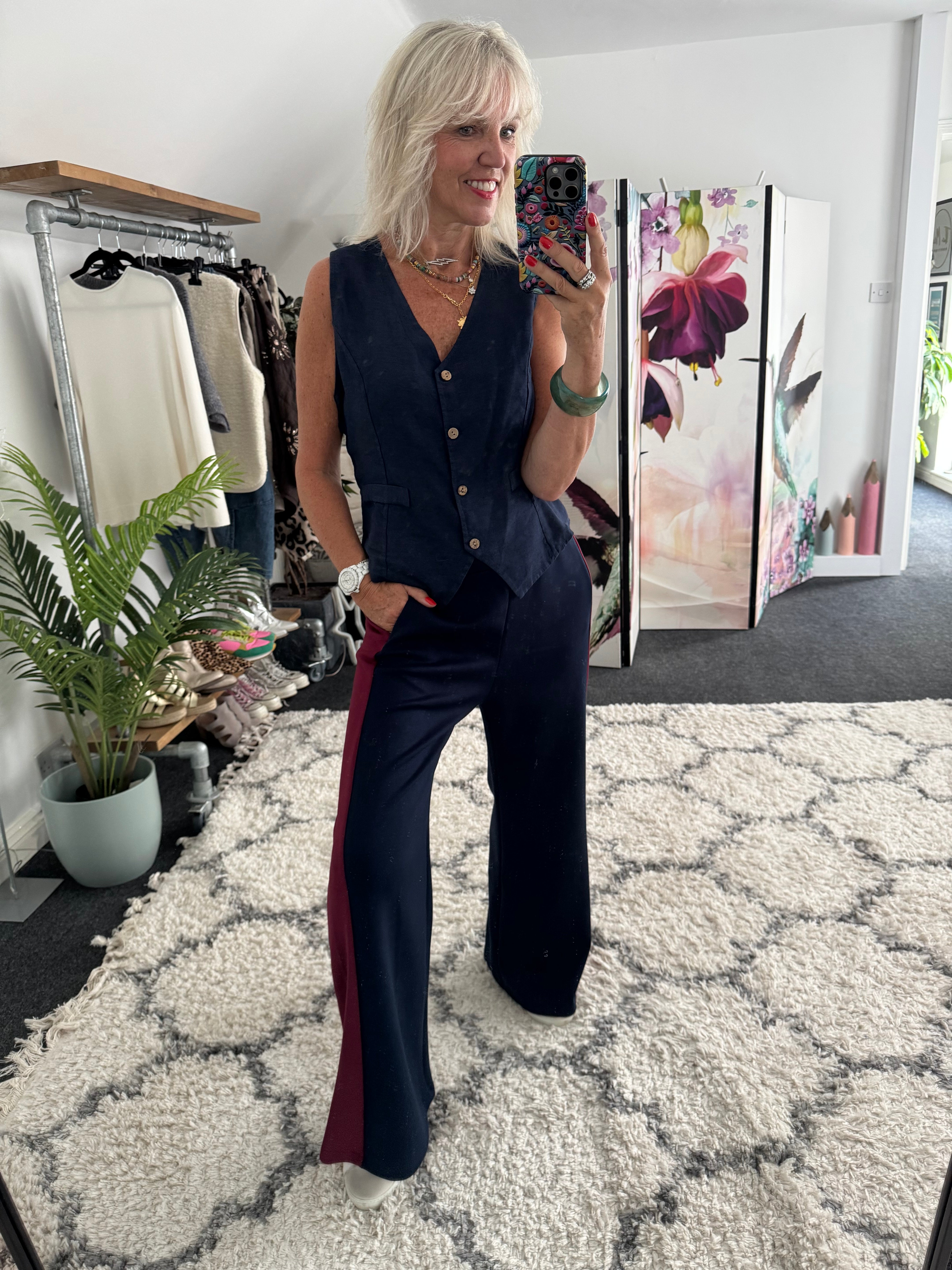 Stretch Trousers with Side Stripe in Navy & Claret
