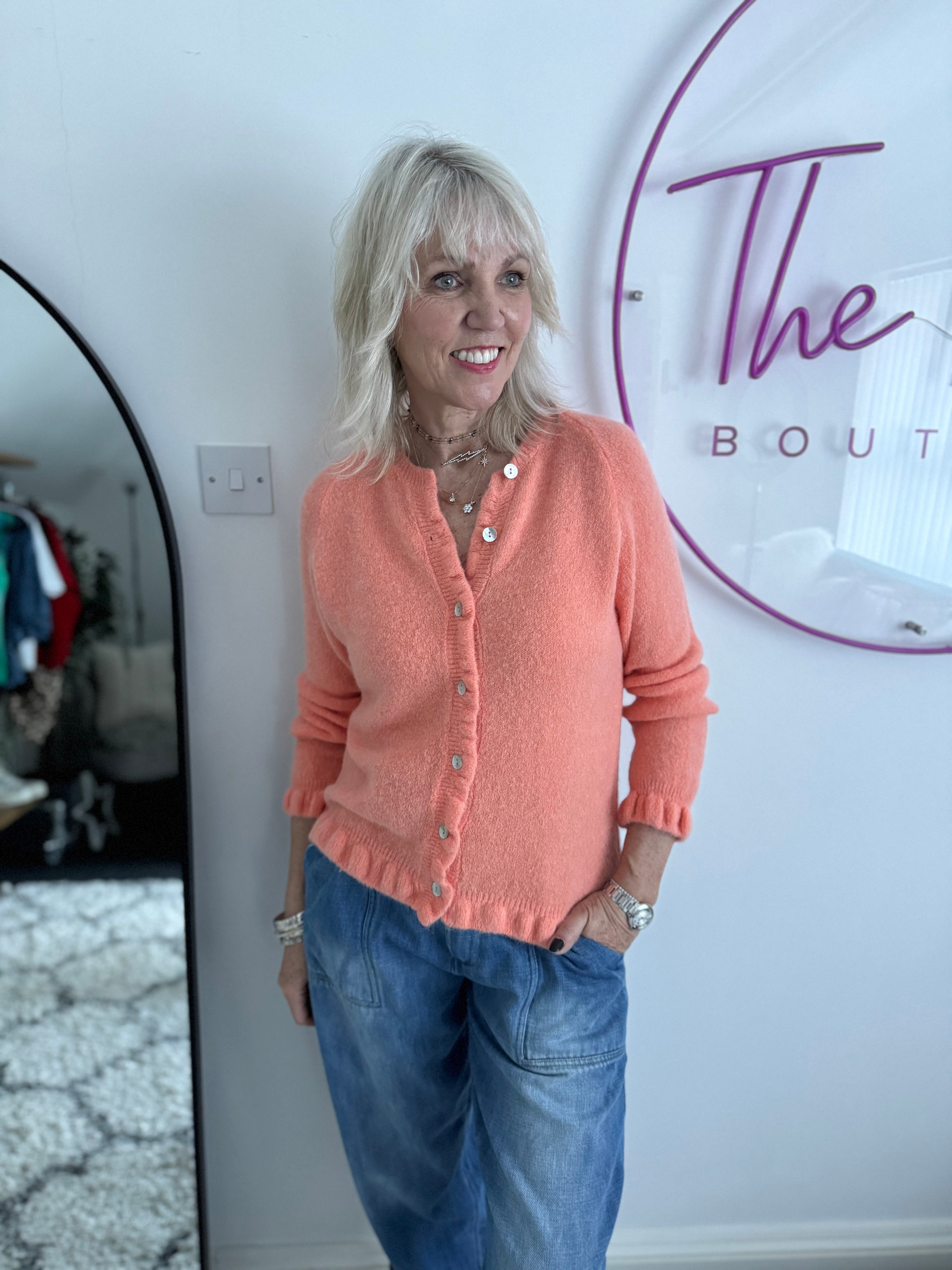Alpaca Cardi with Frill Hems in Soft Tangerine