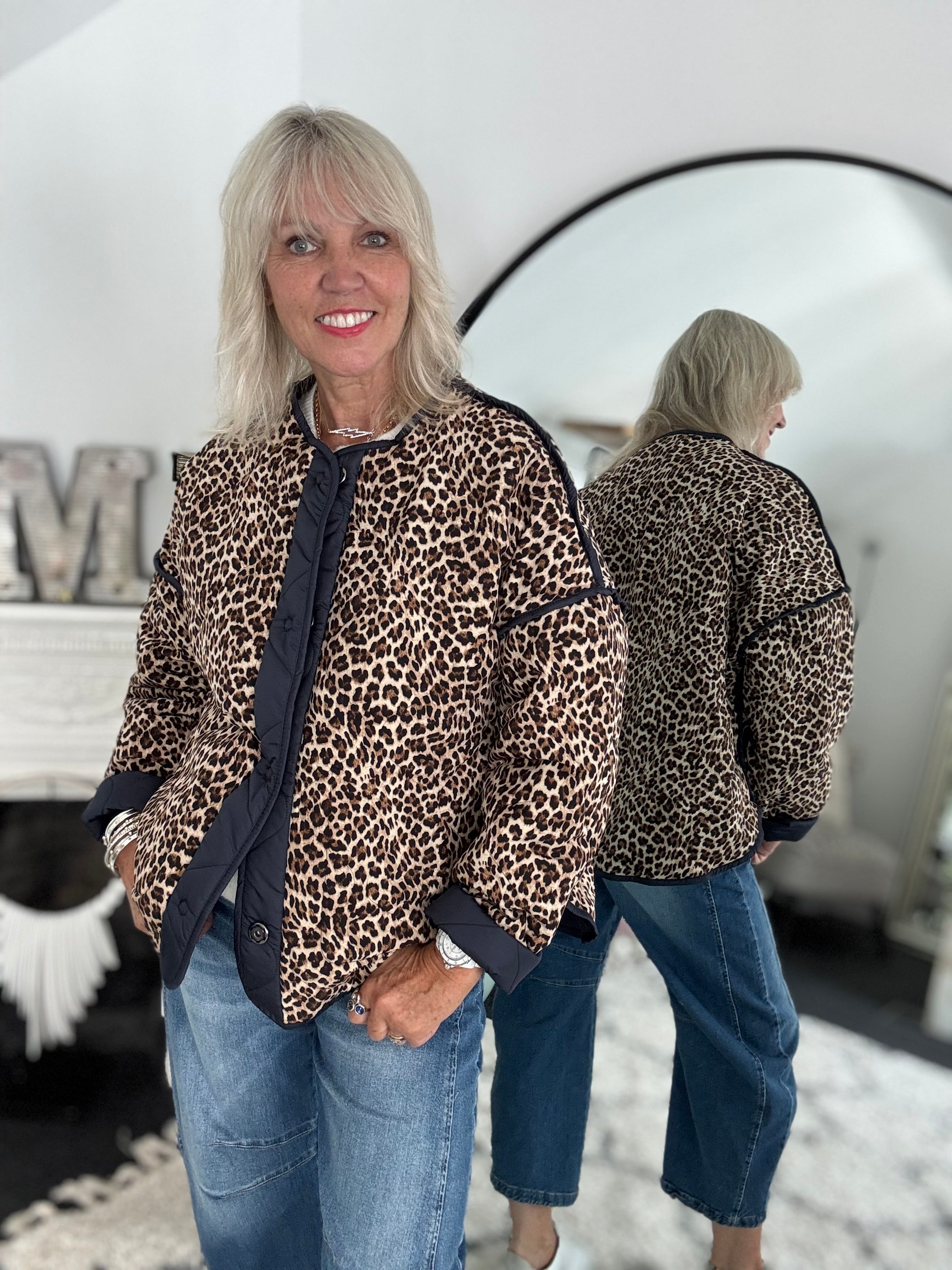 Reversible Quilted Jacket in Navy & Leopard