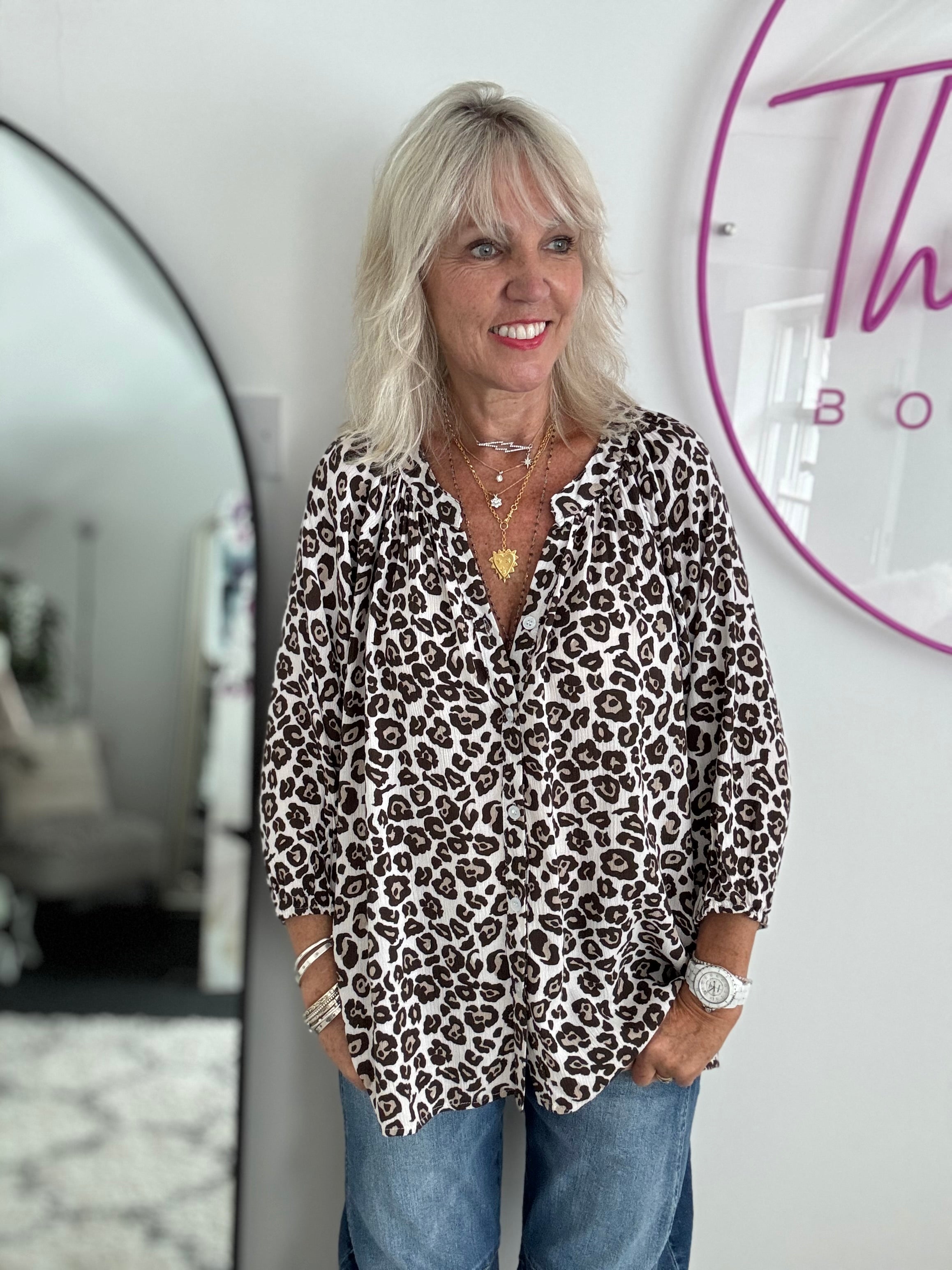 Leopard Print Blouse in Ivory & Brown
