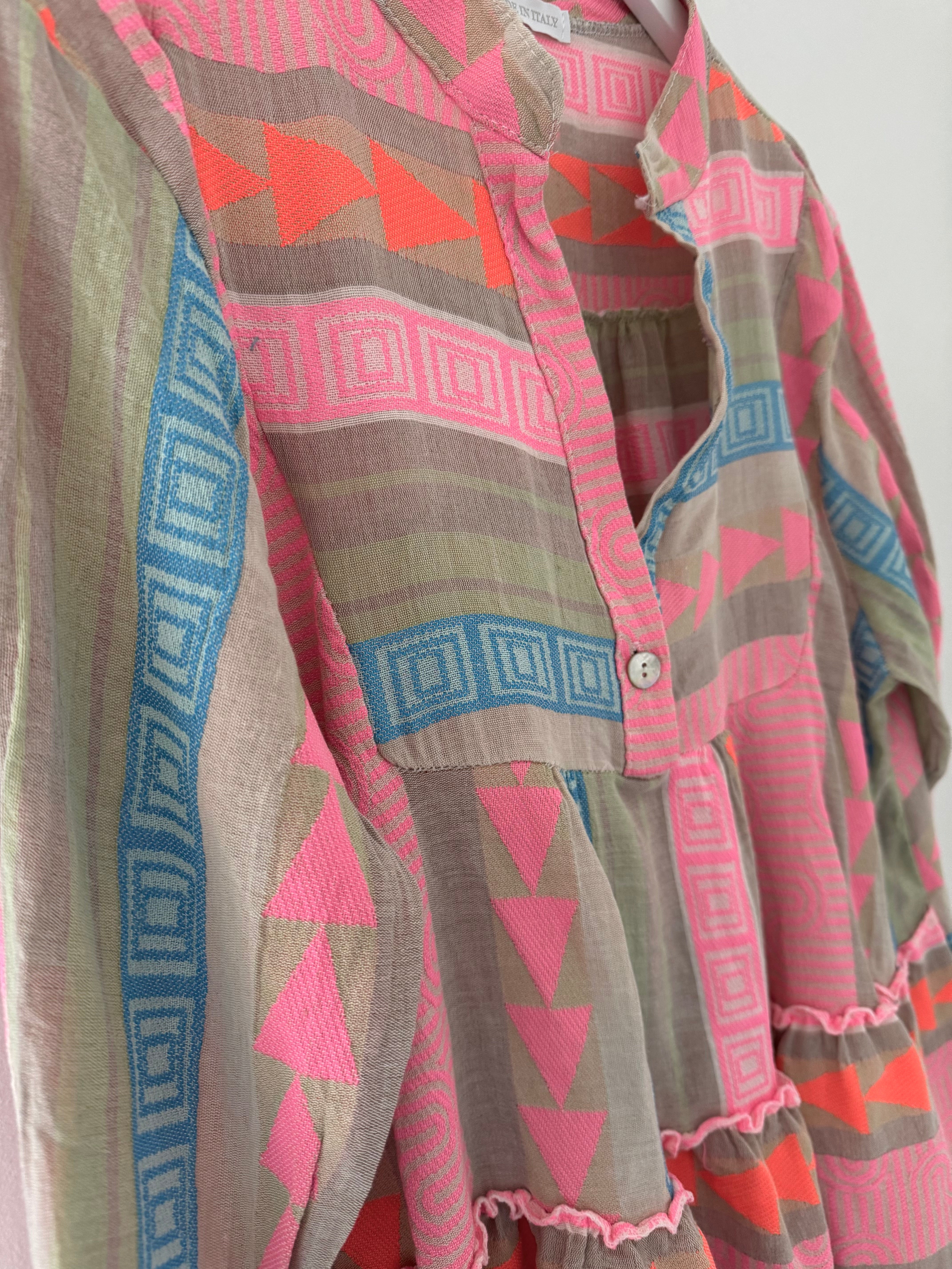 Embroidered Knee Length Dress in Khaki & Pink