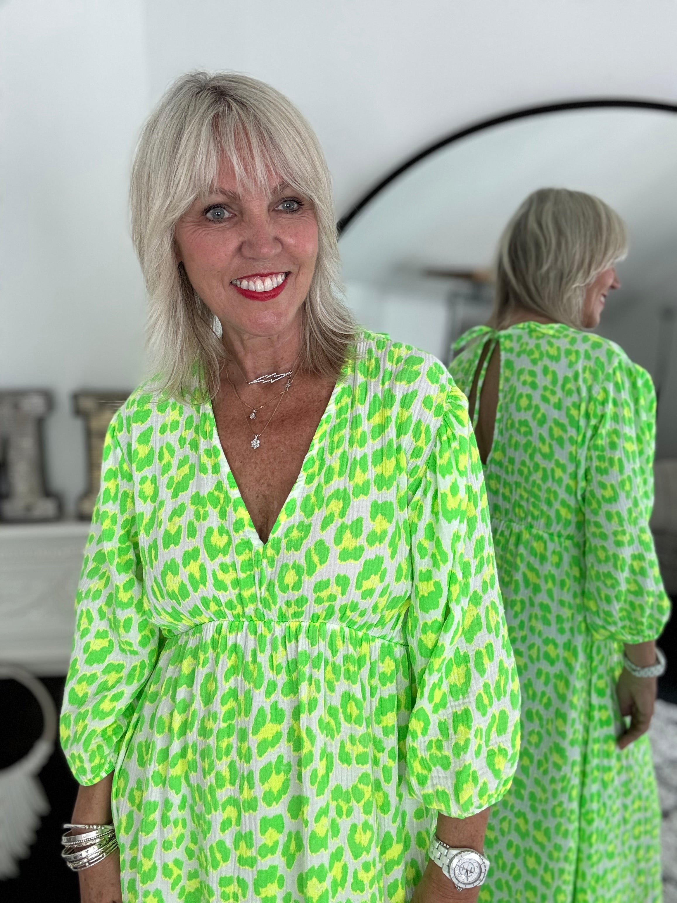 Cheesecloth Midi Dress in Neon Citrus Leopard