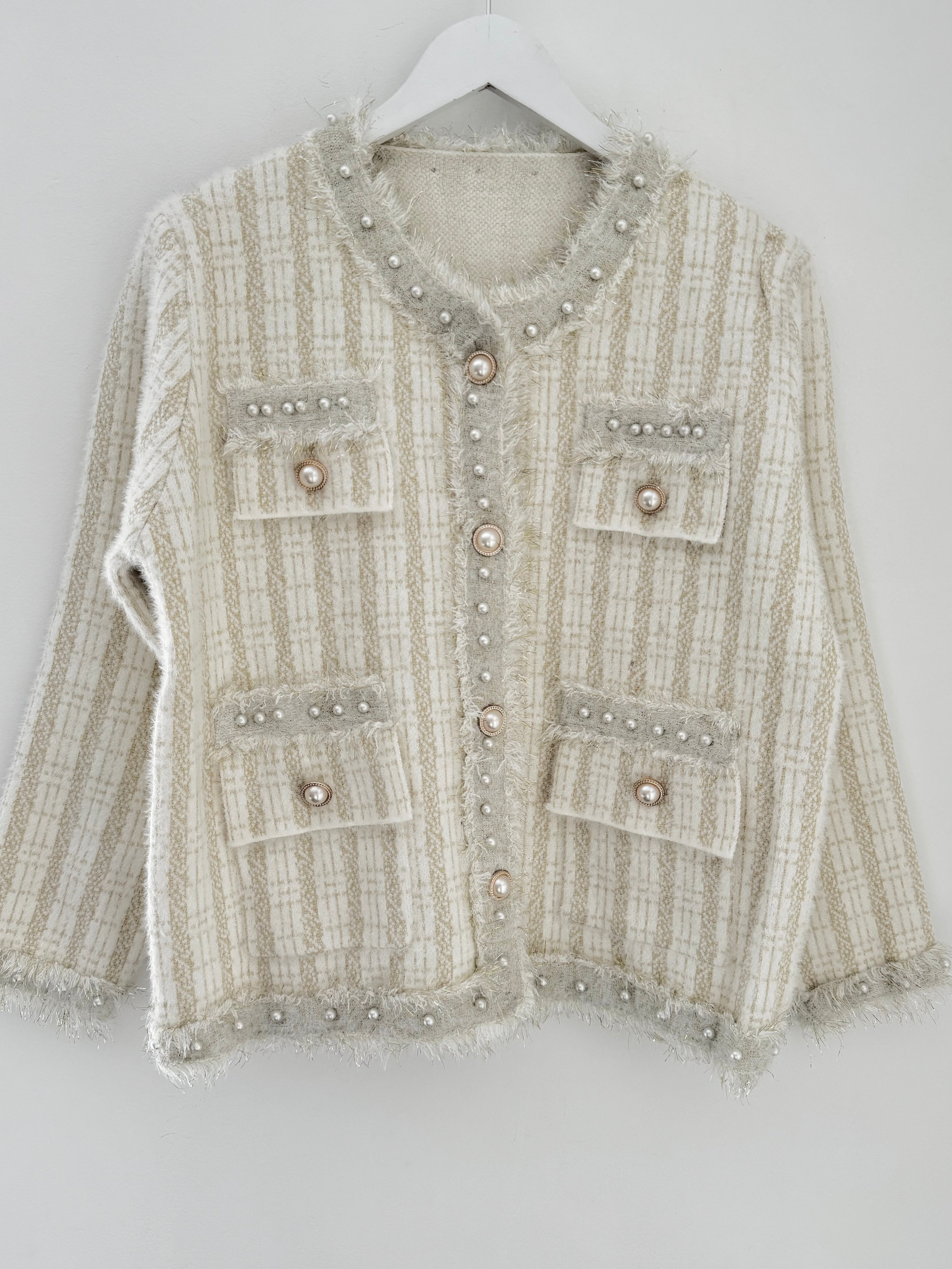 Pearl Button & Tweed Cardi Jacket in Ivory & Gold
