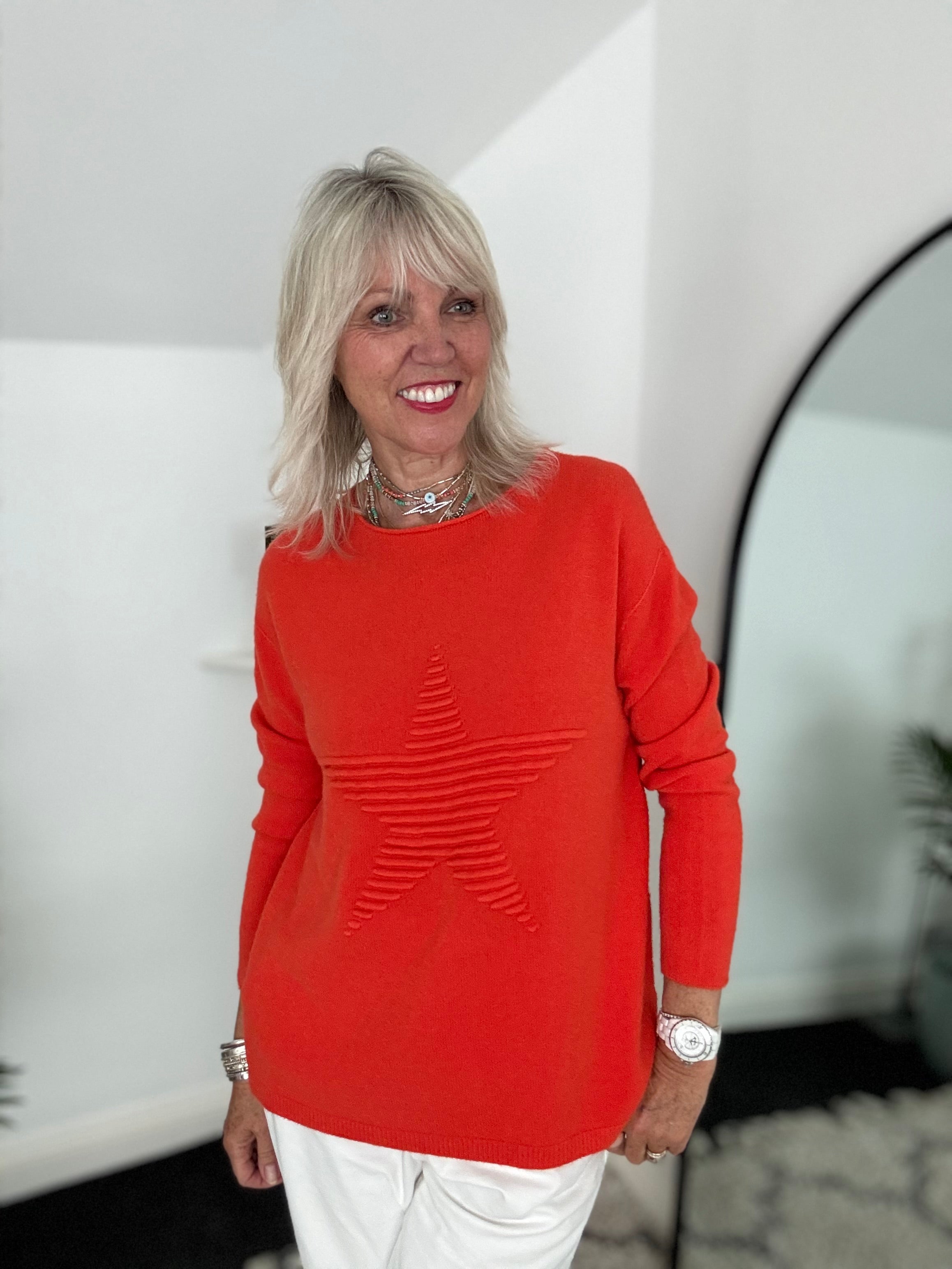 Ribbed Star Jumper in Orange/Red