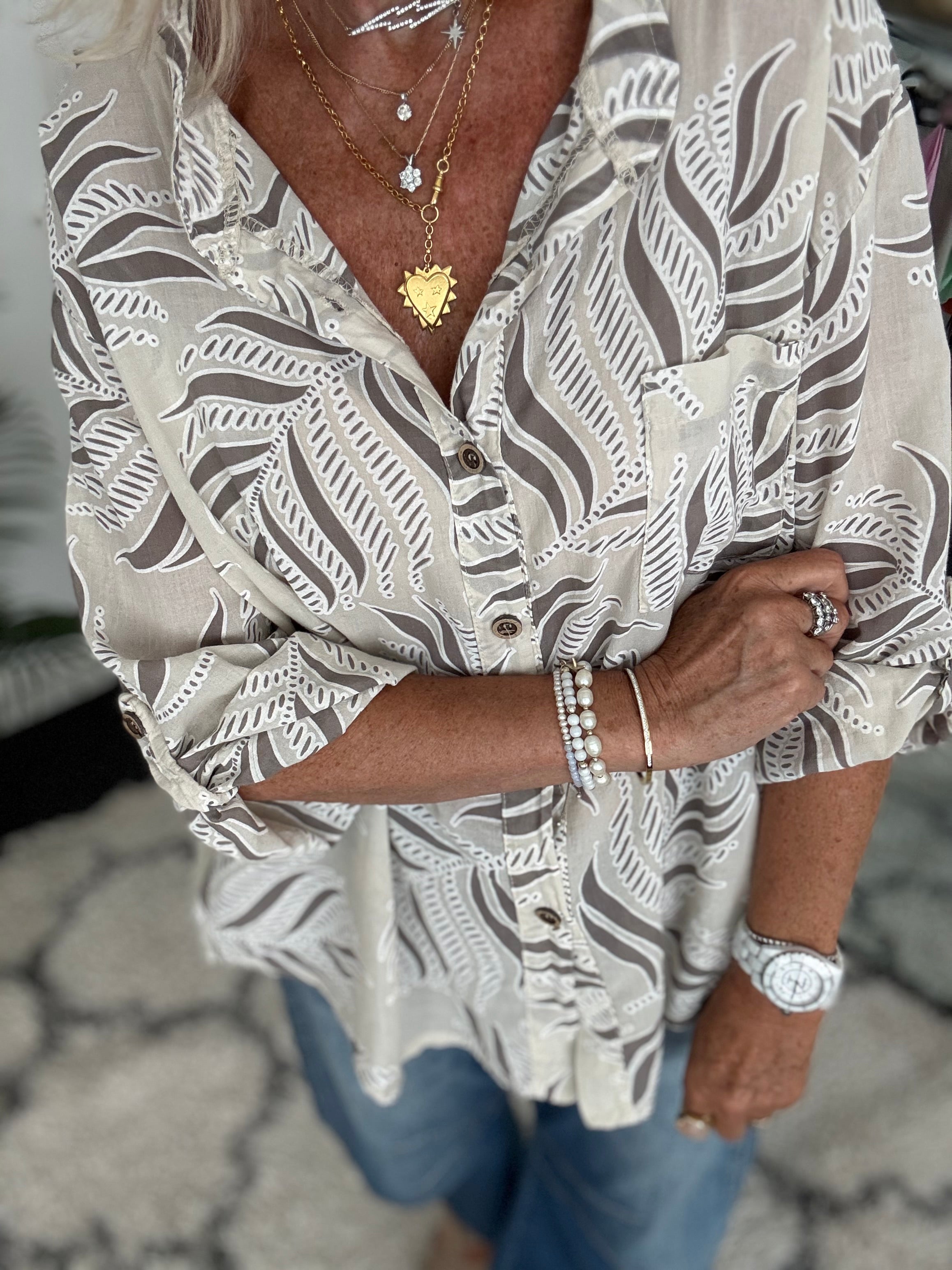Fern Print Blouse in Stone