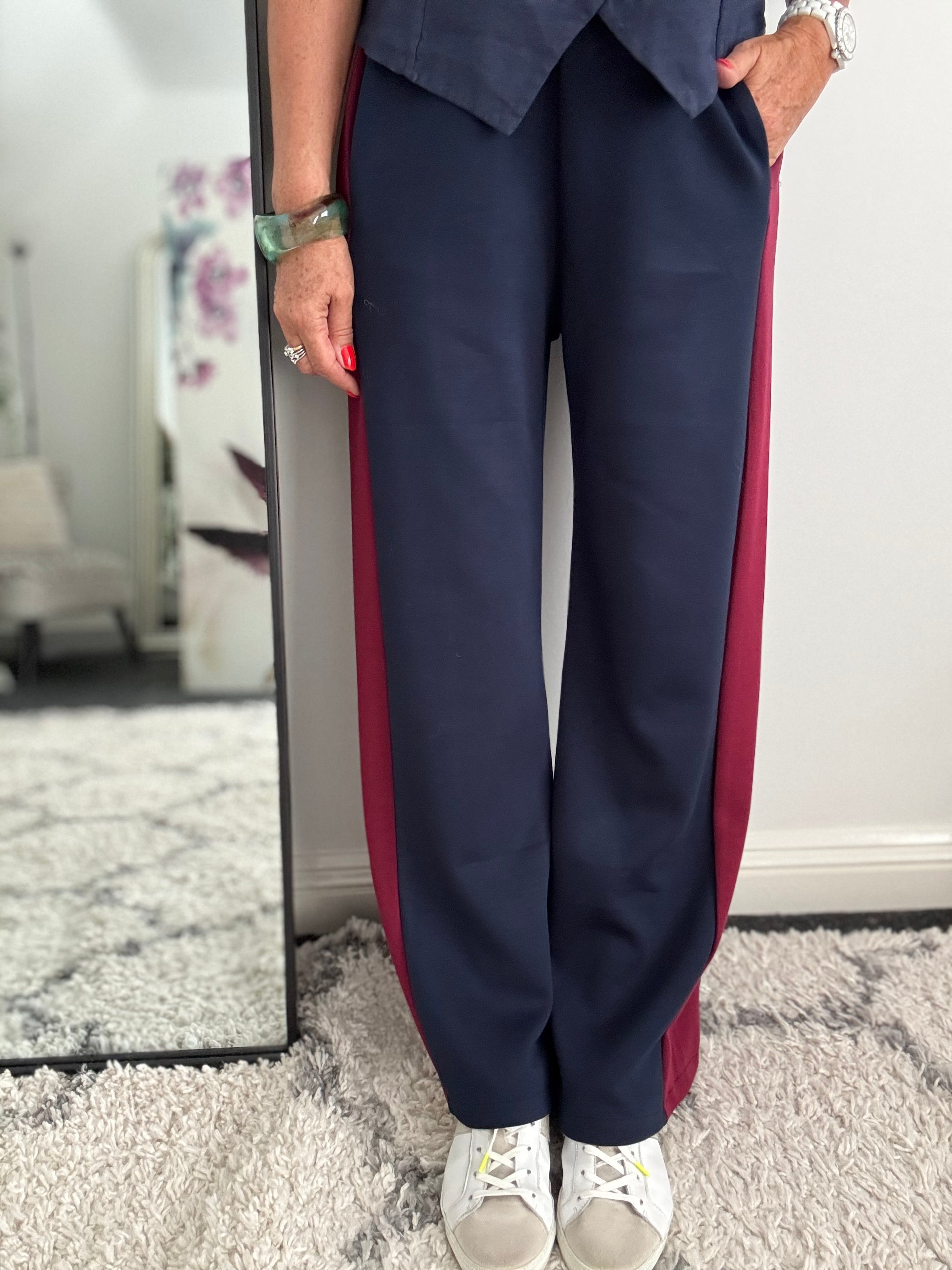 Stretch Trousers with Side Stripe in Navy & Claret