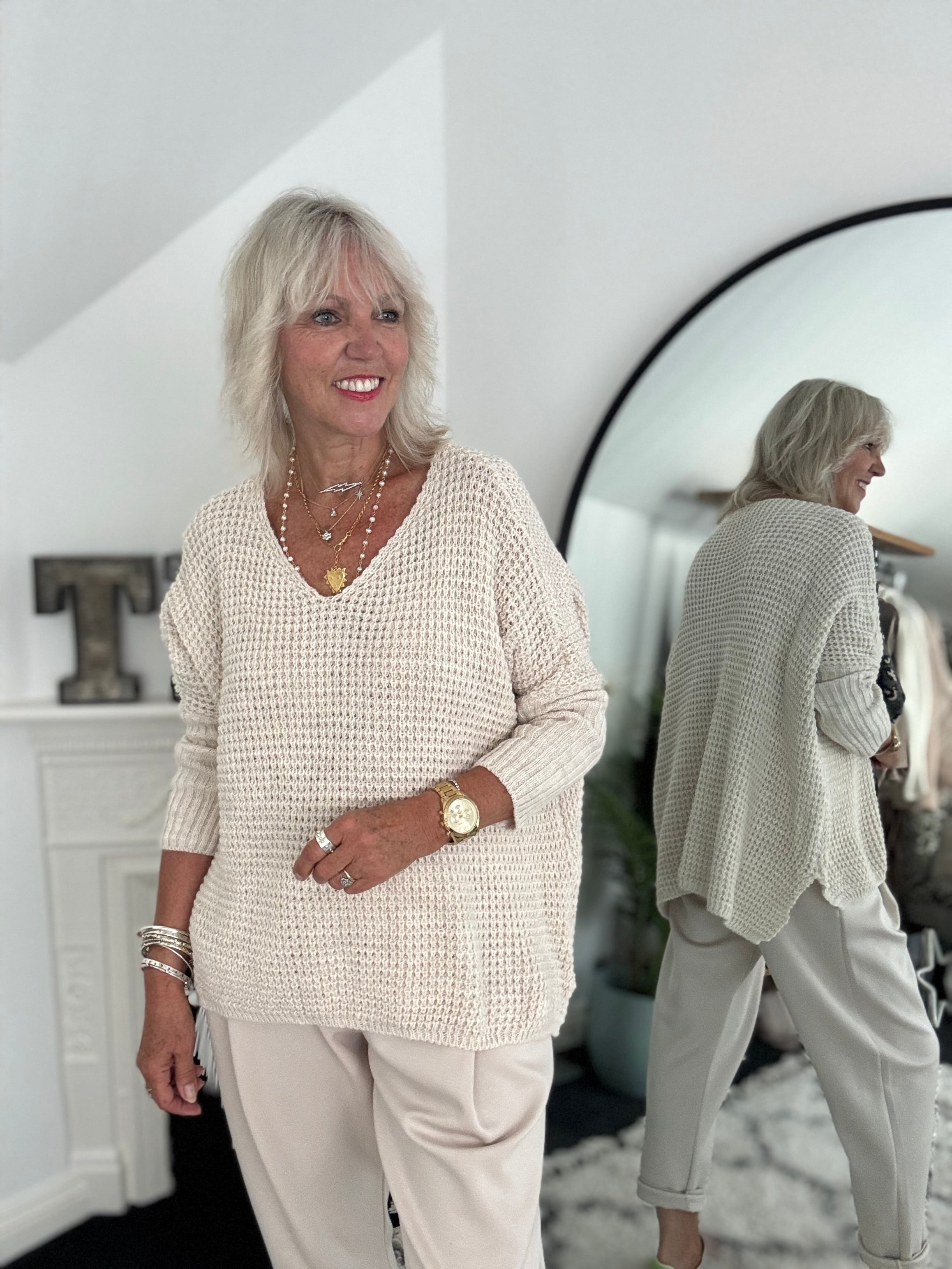 V Neck Waffle Knit in Ecru