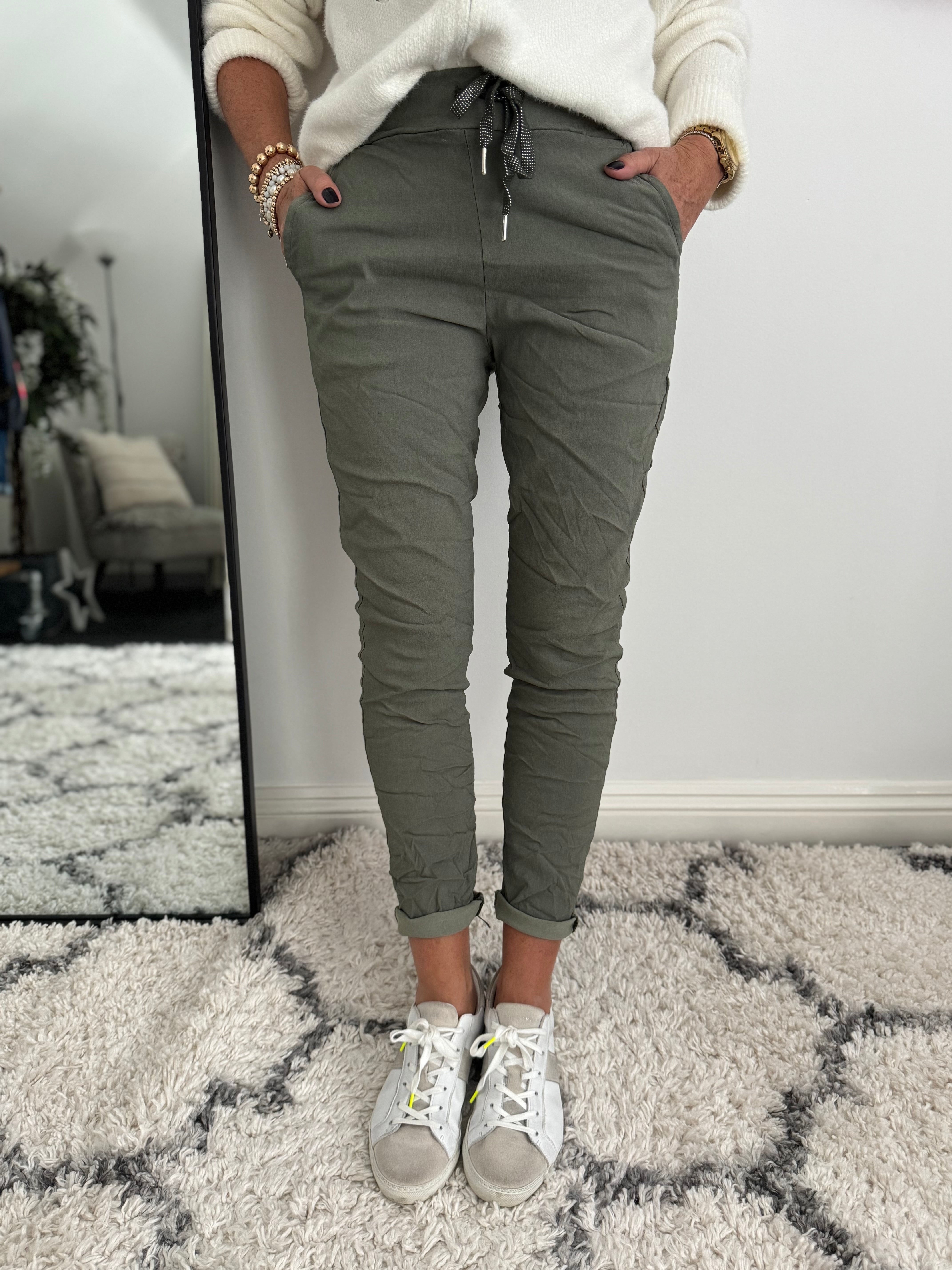 Super Stretch Joggers with Sparkly Tie in Khaki