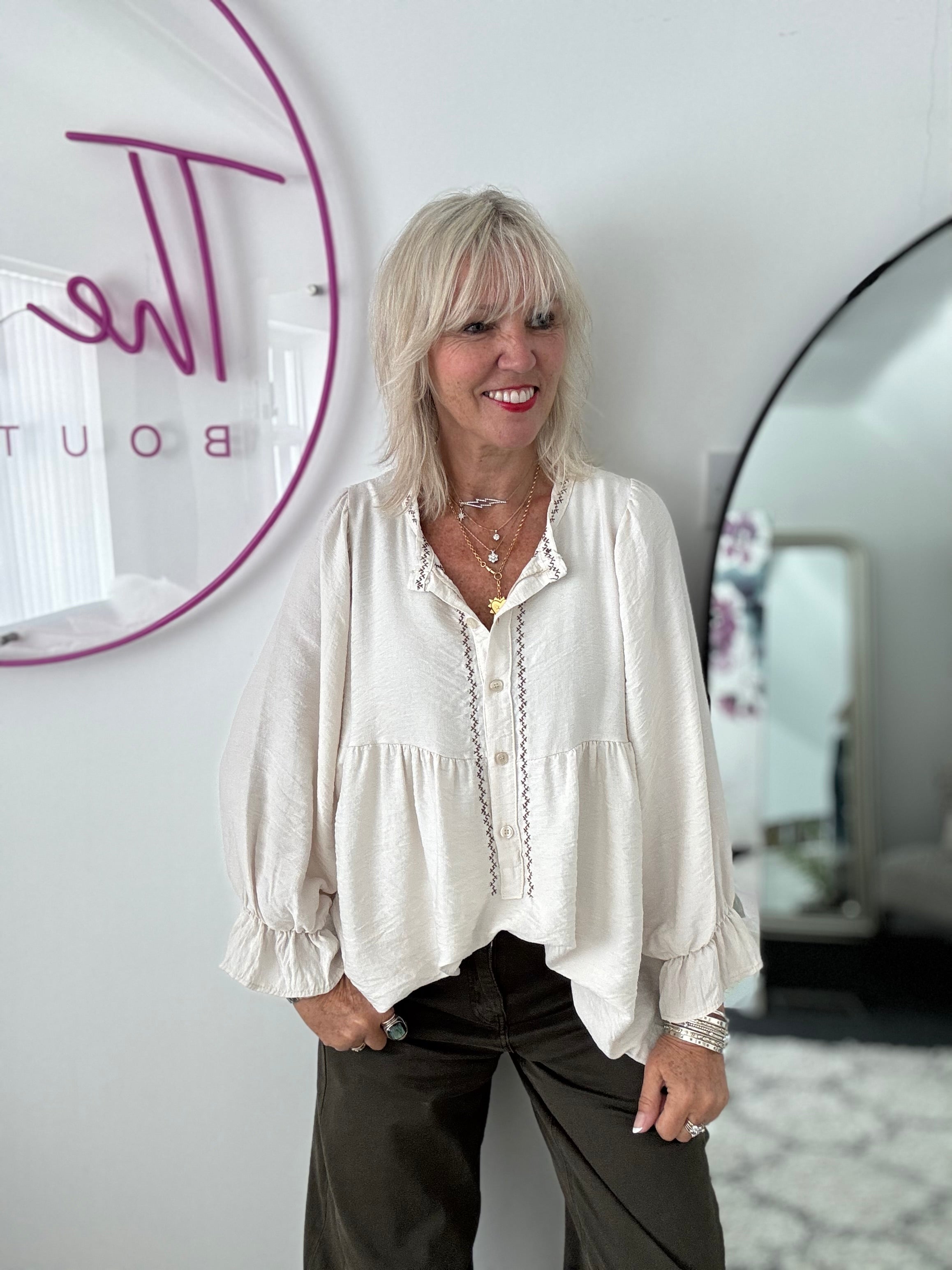Luxe Blouse with Embroidery in Ecru