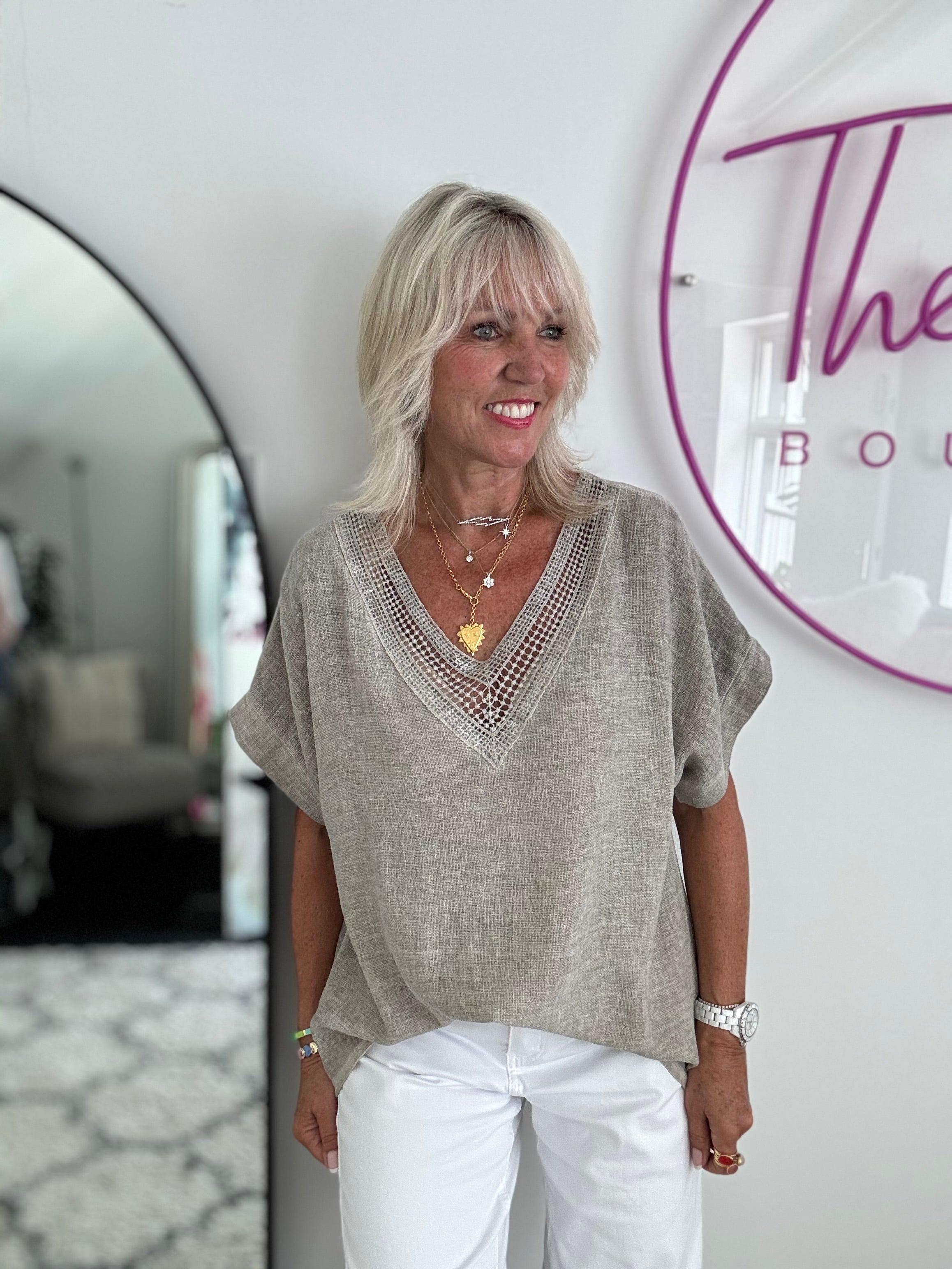 Linen & Cotton Top with Sequin Detail in Mocha