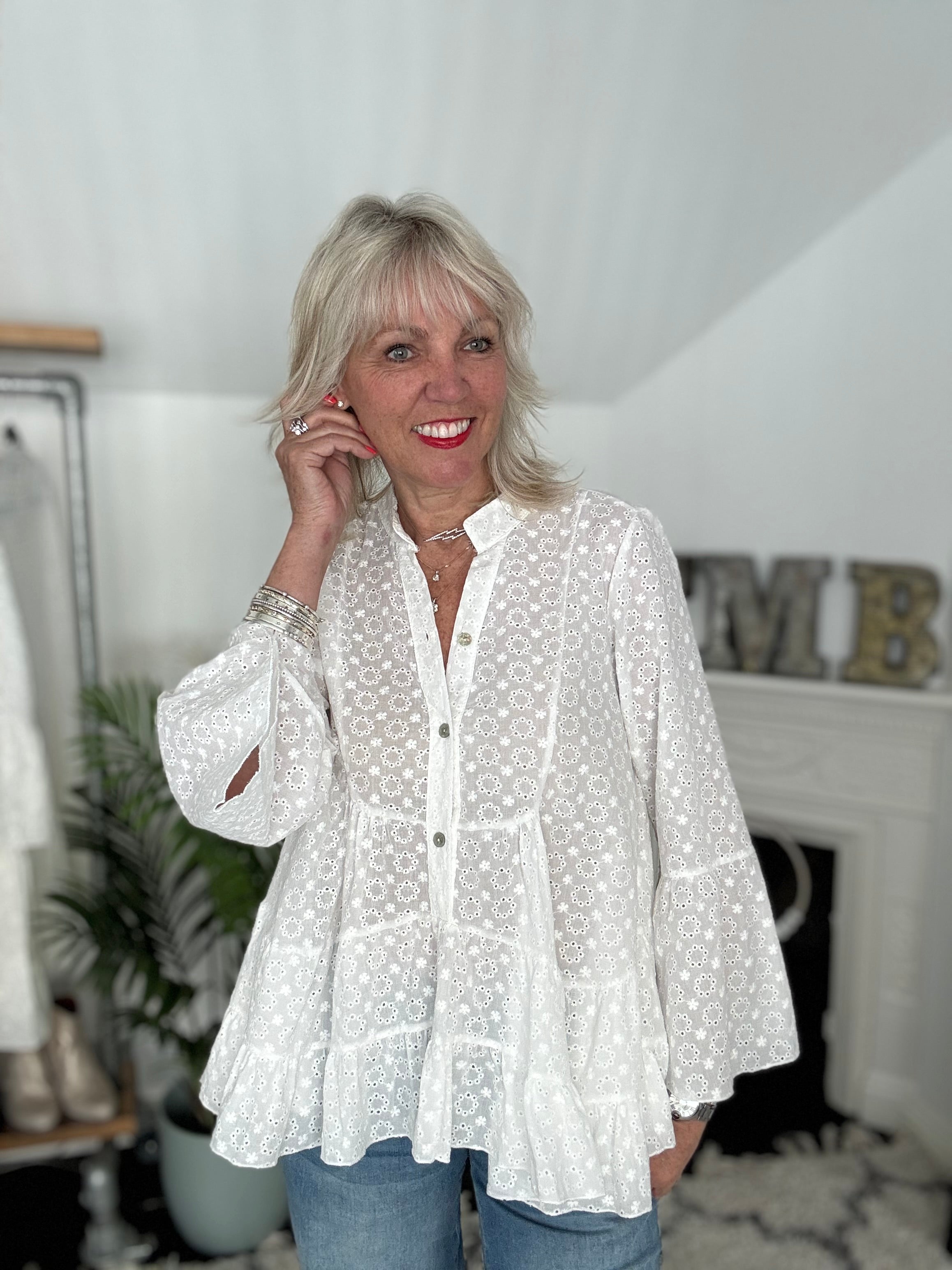 Tiered Broderie Anglaise Blouse in White