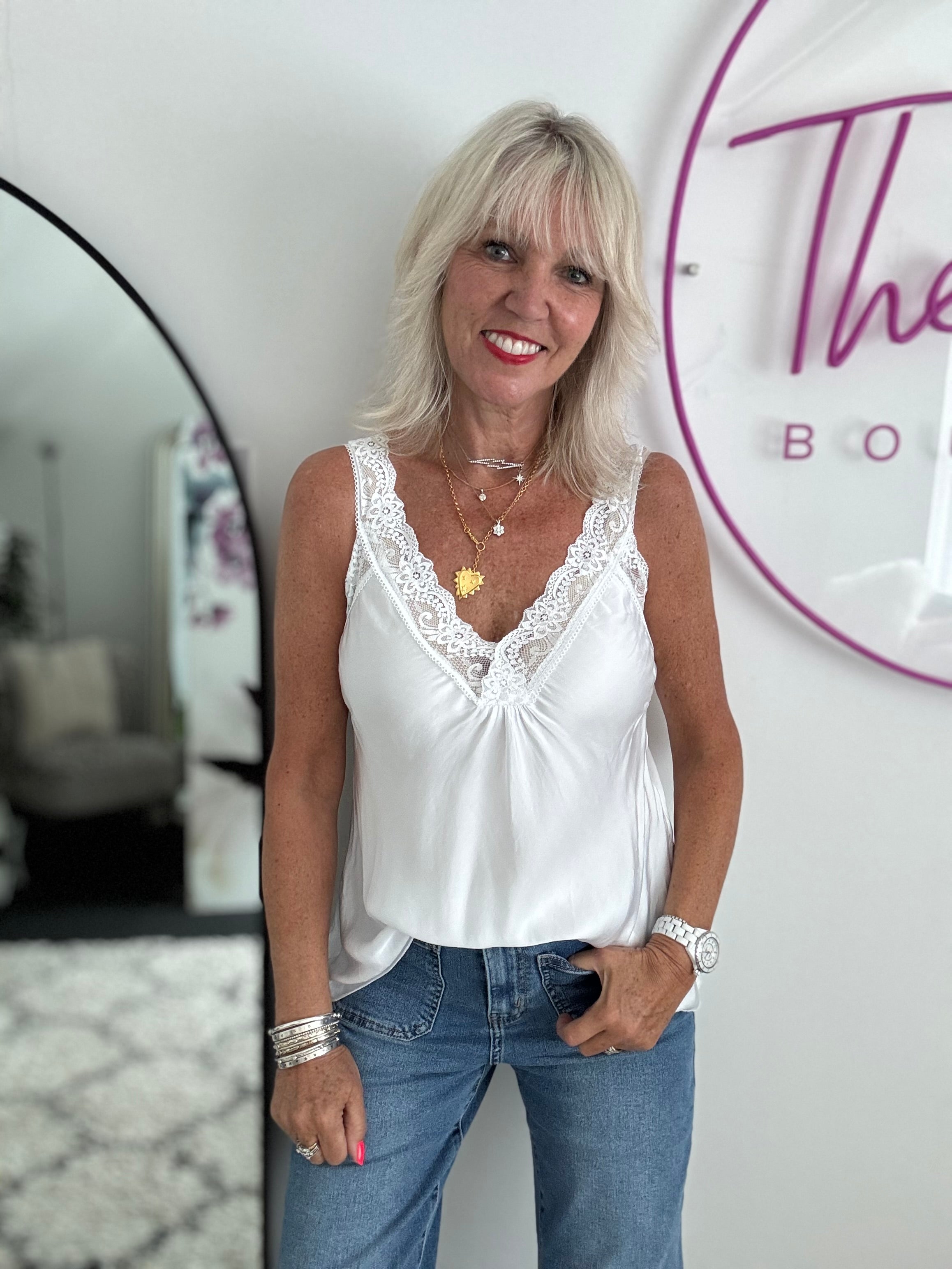 Lace Trim Silky Vest in White