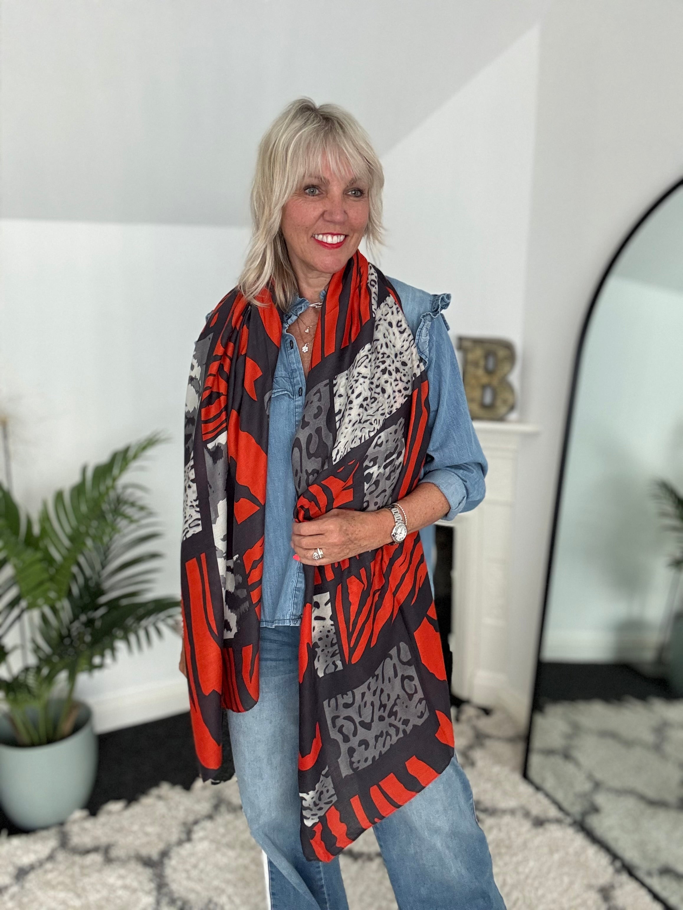 Striking Geo & Animal Print Scarf in Orange & Grey
