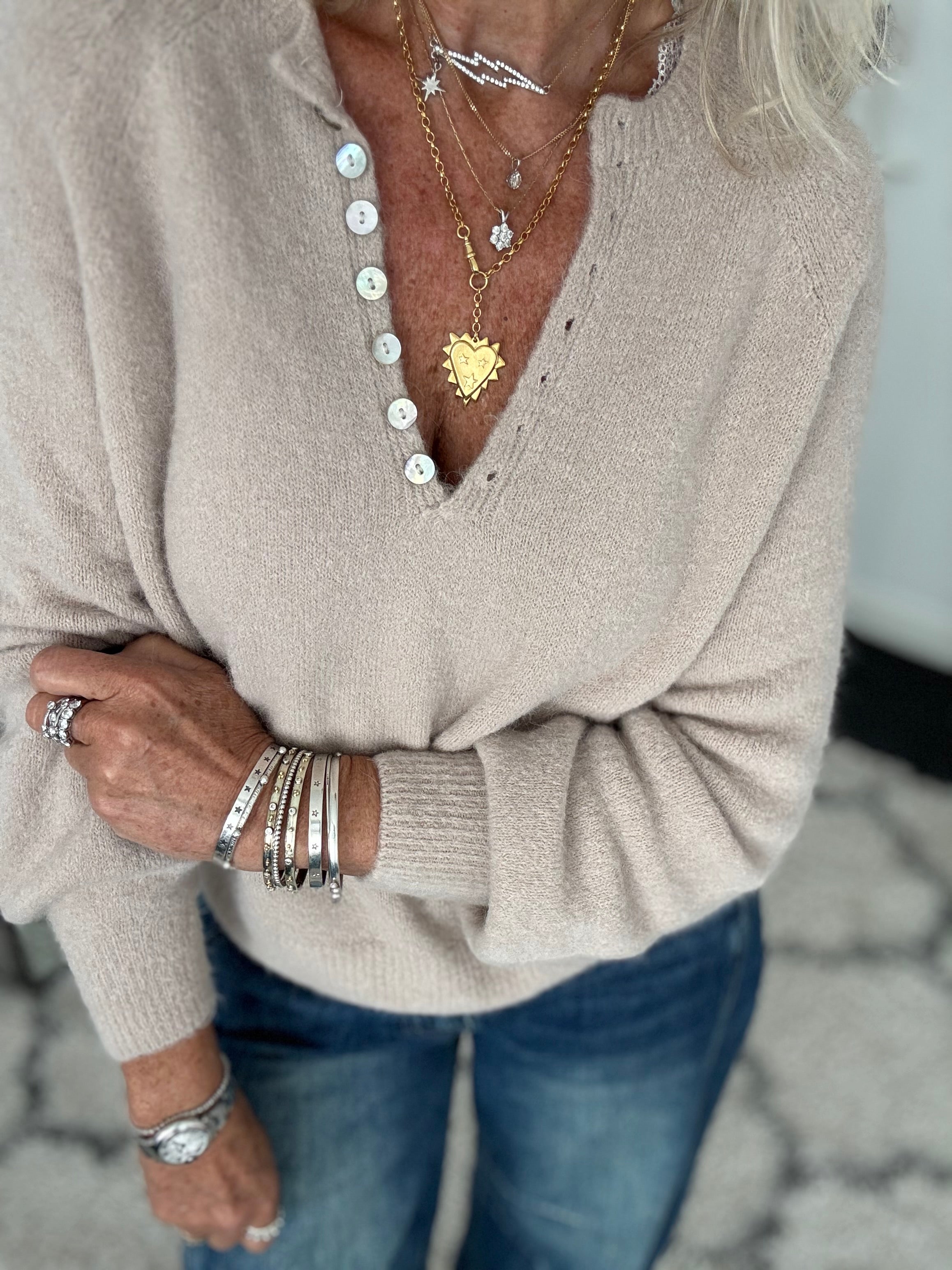 Softie Jumper with Button Neck in Stone