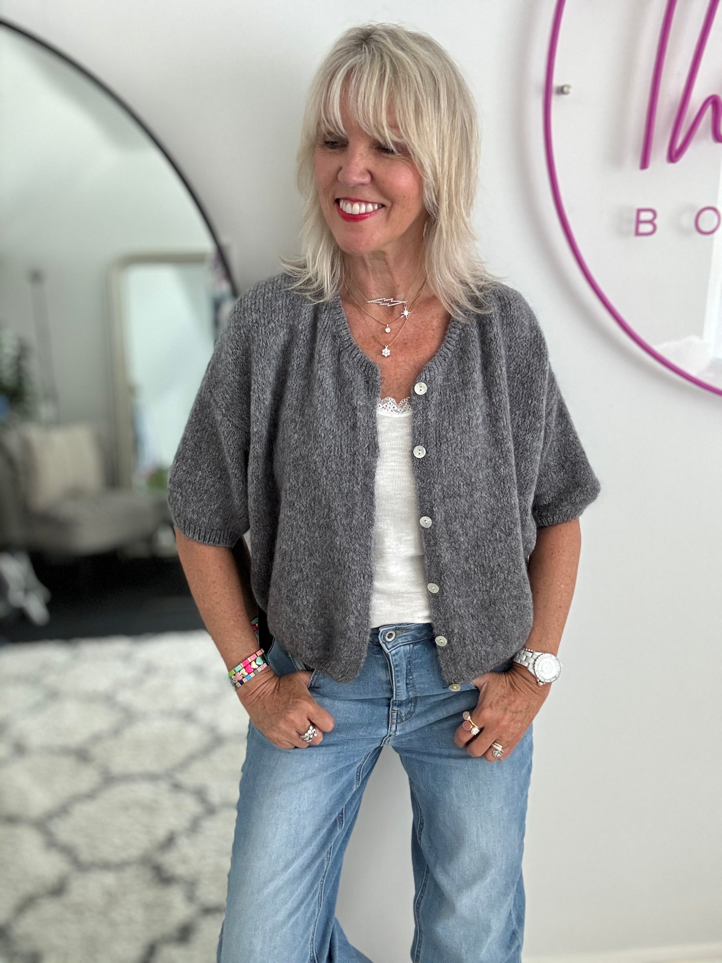 Cropped Sleeve Buttoned Cardi in Soft Charcoal