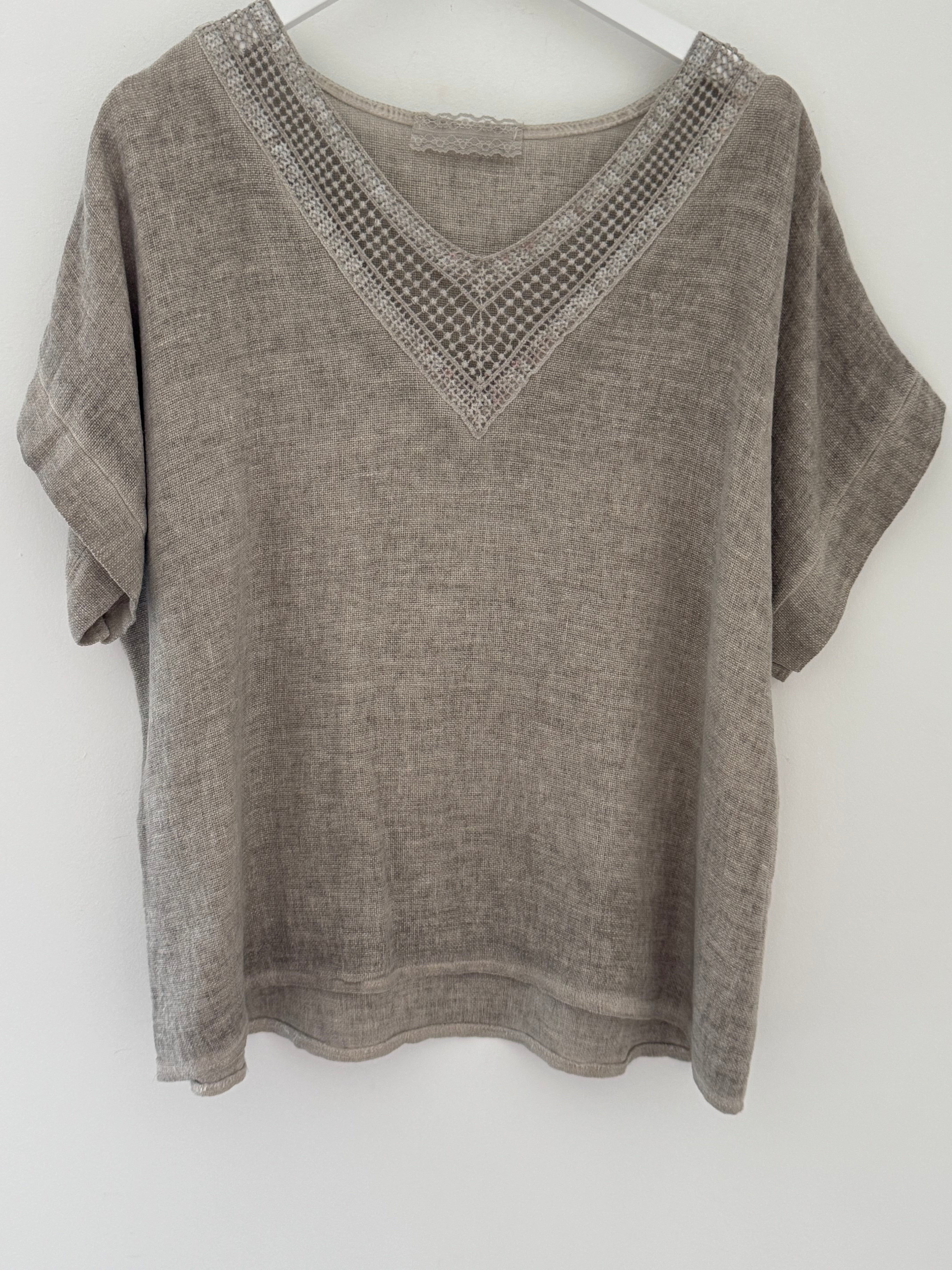 Linen & Cotton Top with Sequin Detail in Mocha