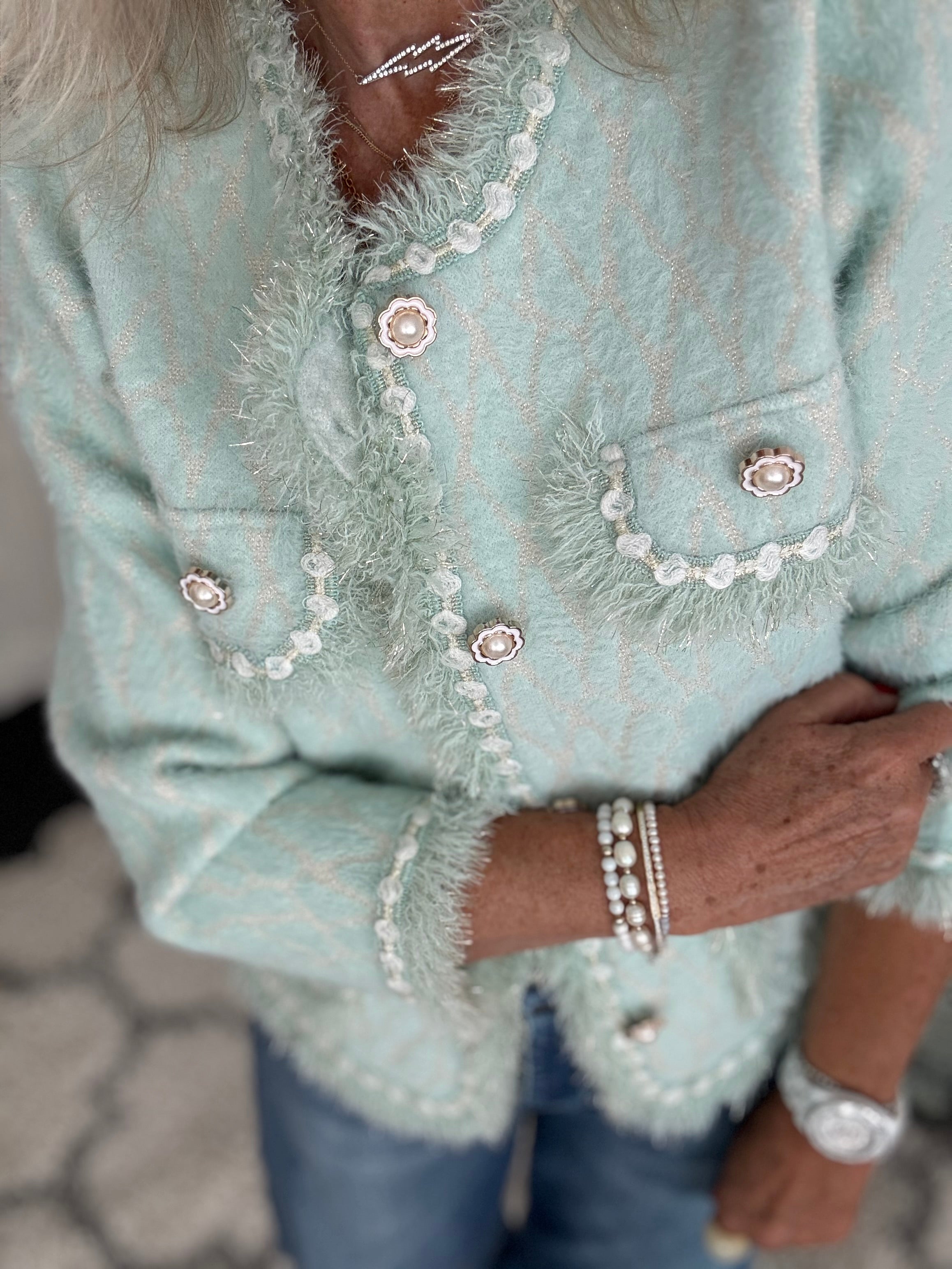 Flower Button & Tweed Cardi Jacket in Aqua