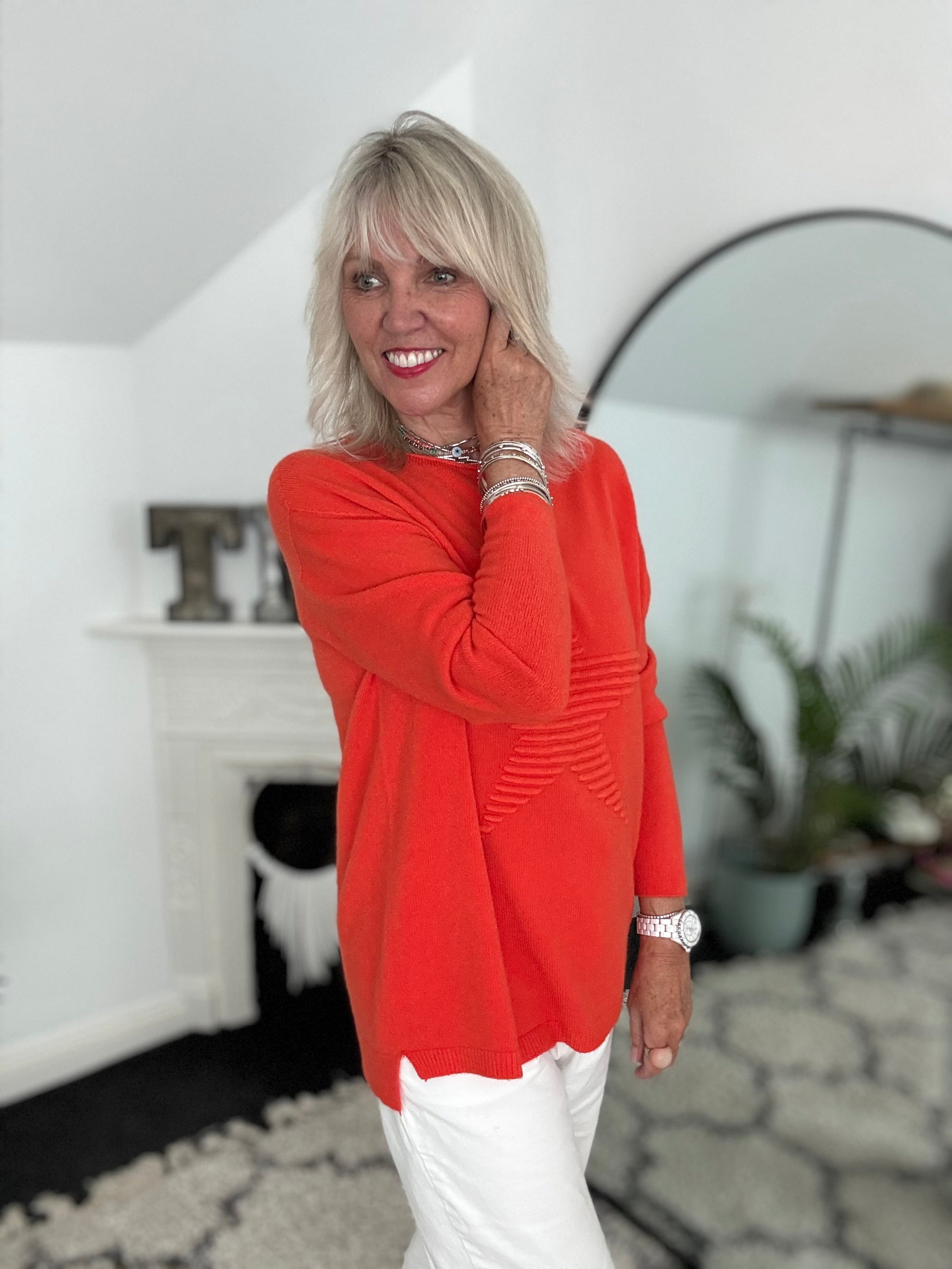 Ribbed Star Jumper in Orange/Red