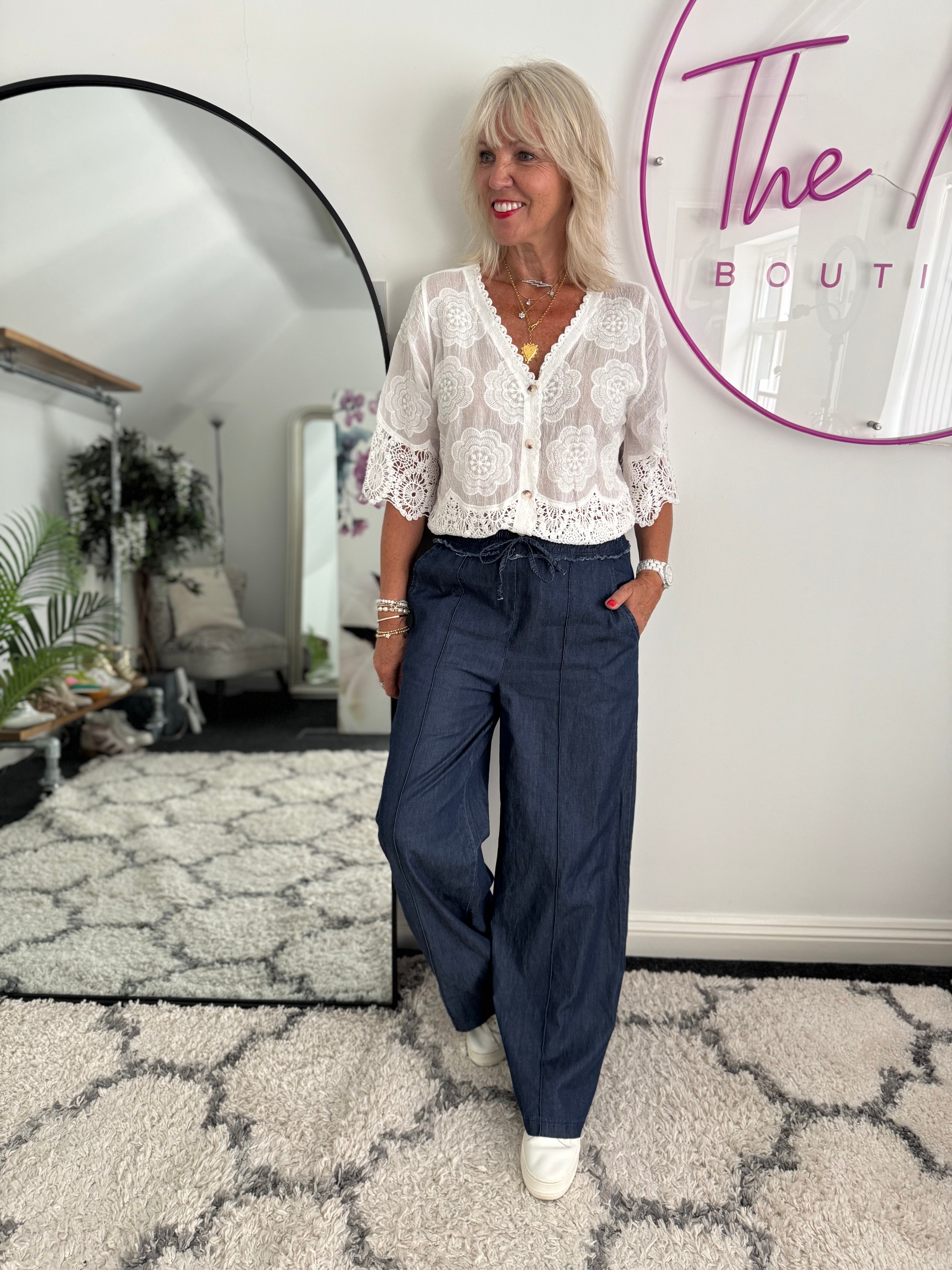 Boyfriend Trousers in Dark Denim Chambray