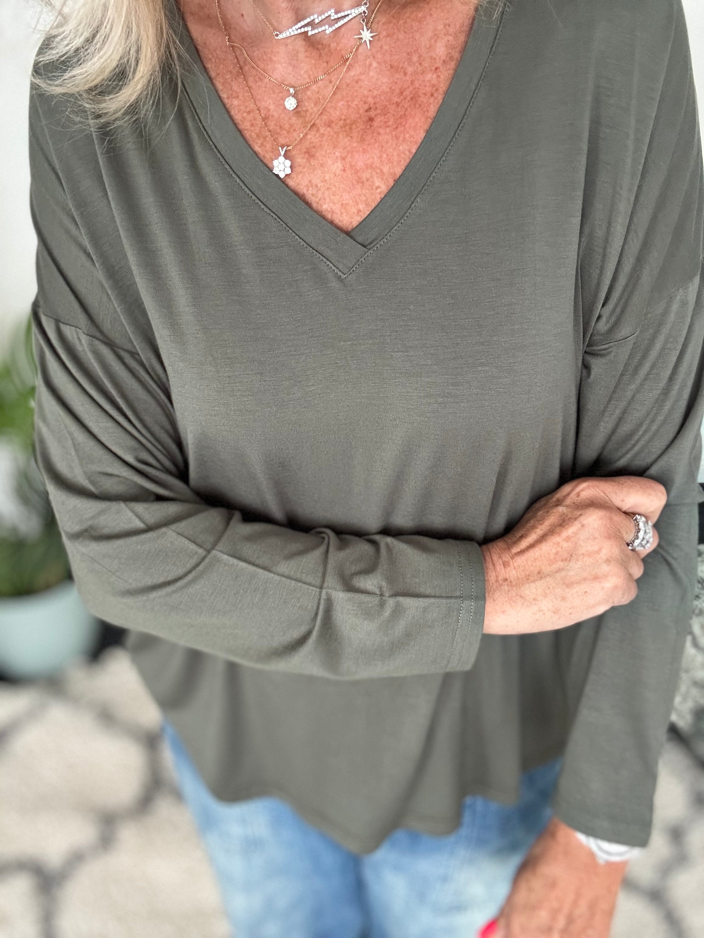 Bamboo Jersey V Neck Top in Khaki