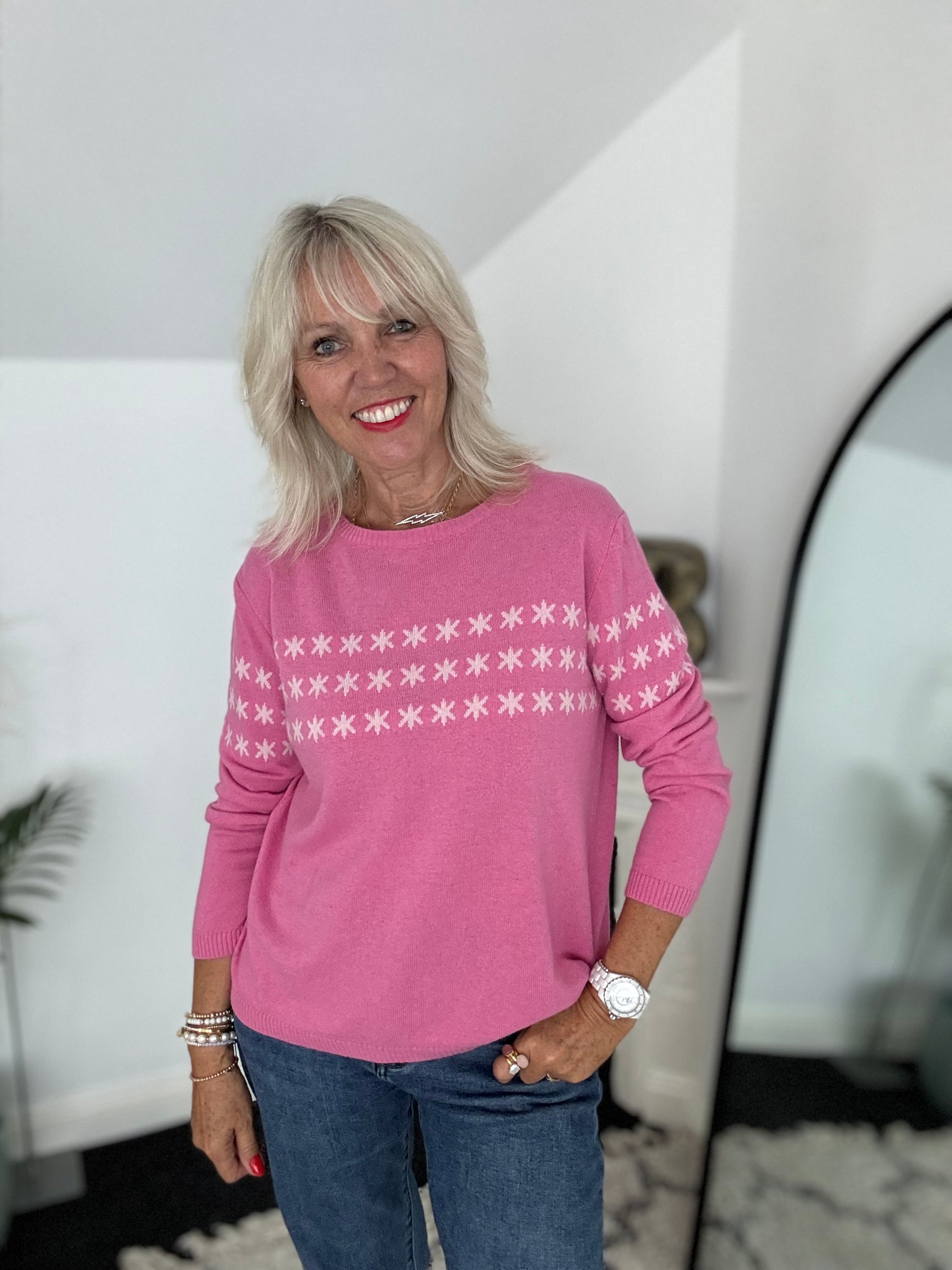 Multi Star Cashmere Jumper in Pink & Ivory