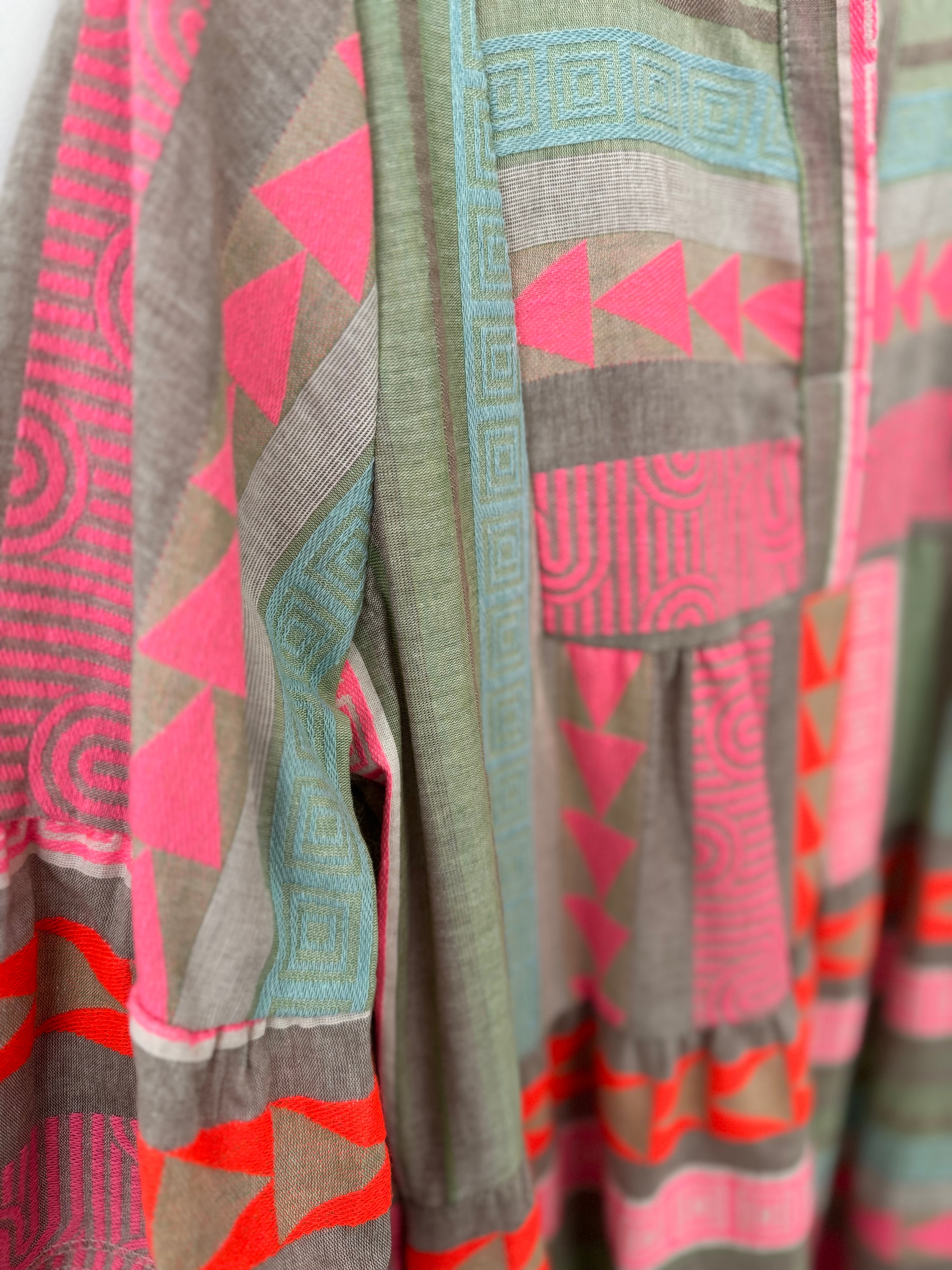 Embroidered Cotton Dress in Khaki & Pink
