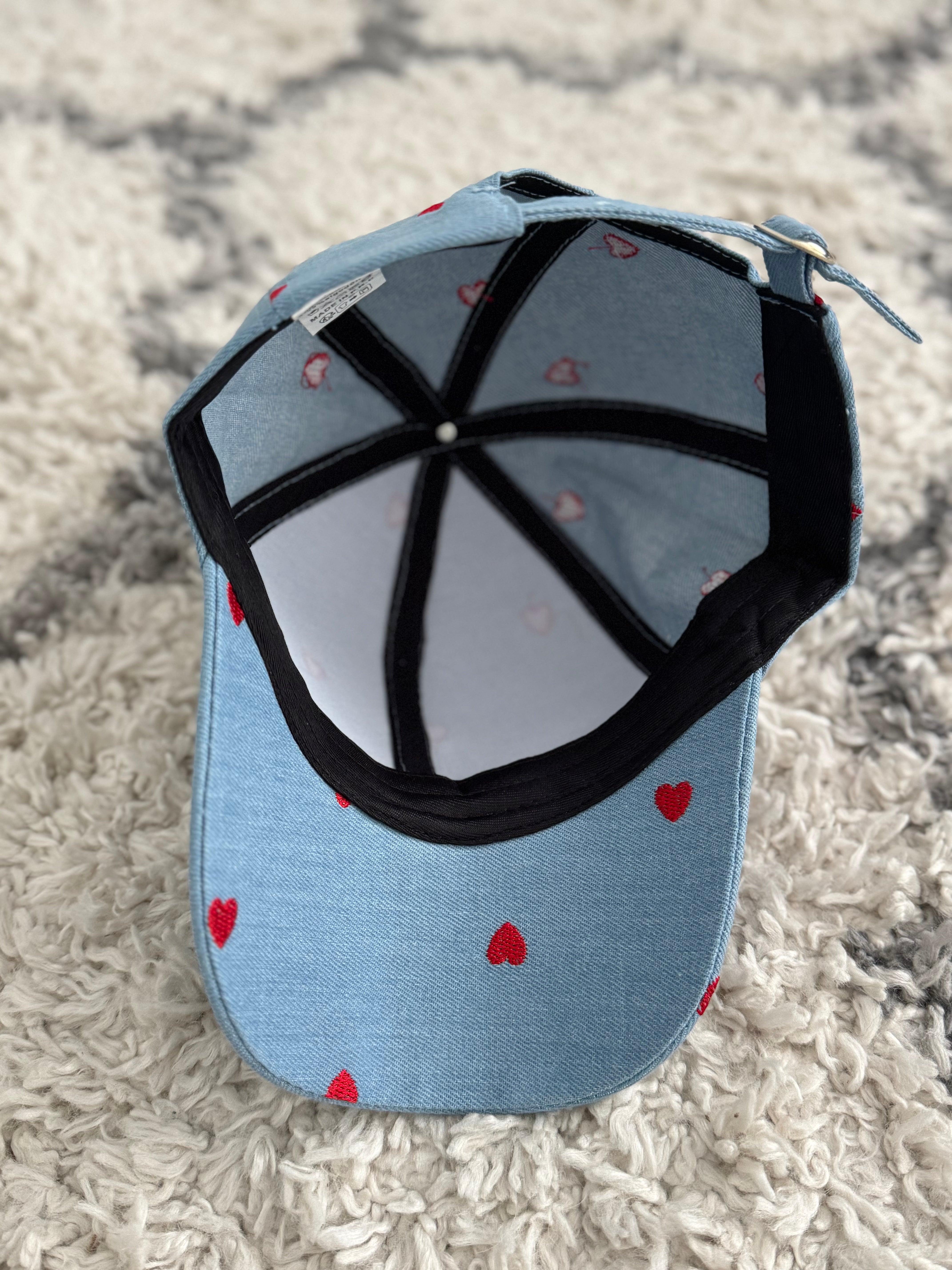 Denim Blue Cap with Red Hearts