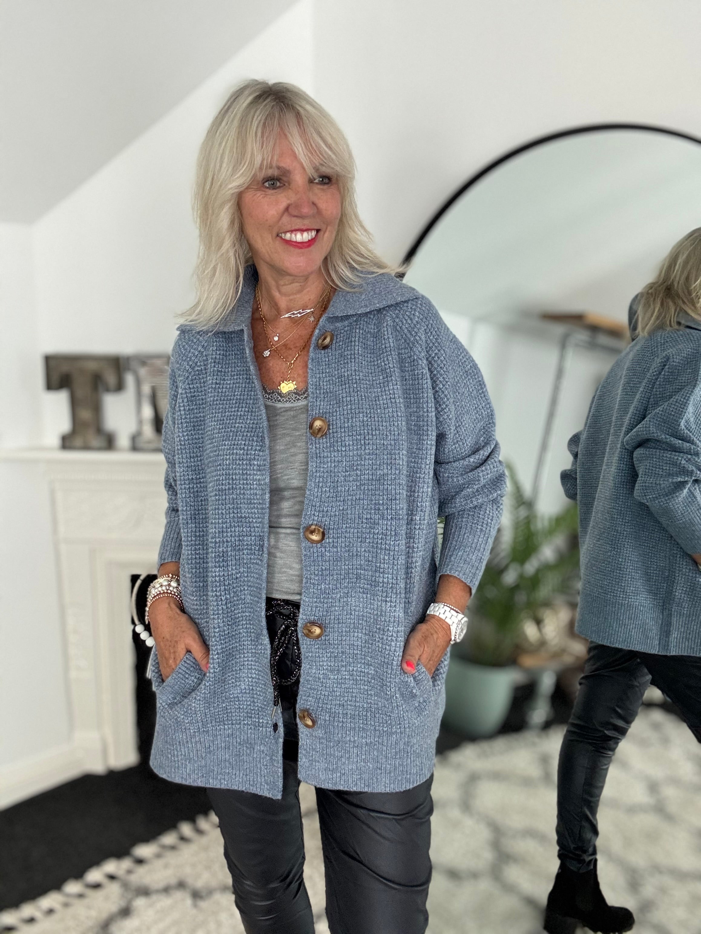 Fisherman Rib Knitted Jacket in Blue