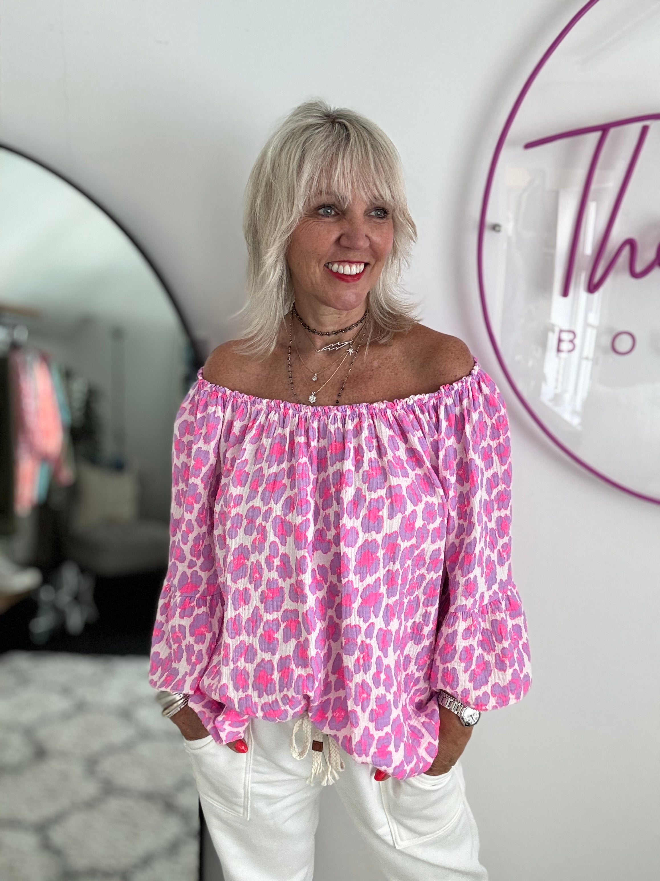 Cheesecloth Bardot Top in Lilac & Pink Leopard
