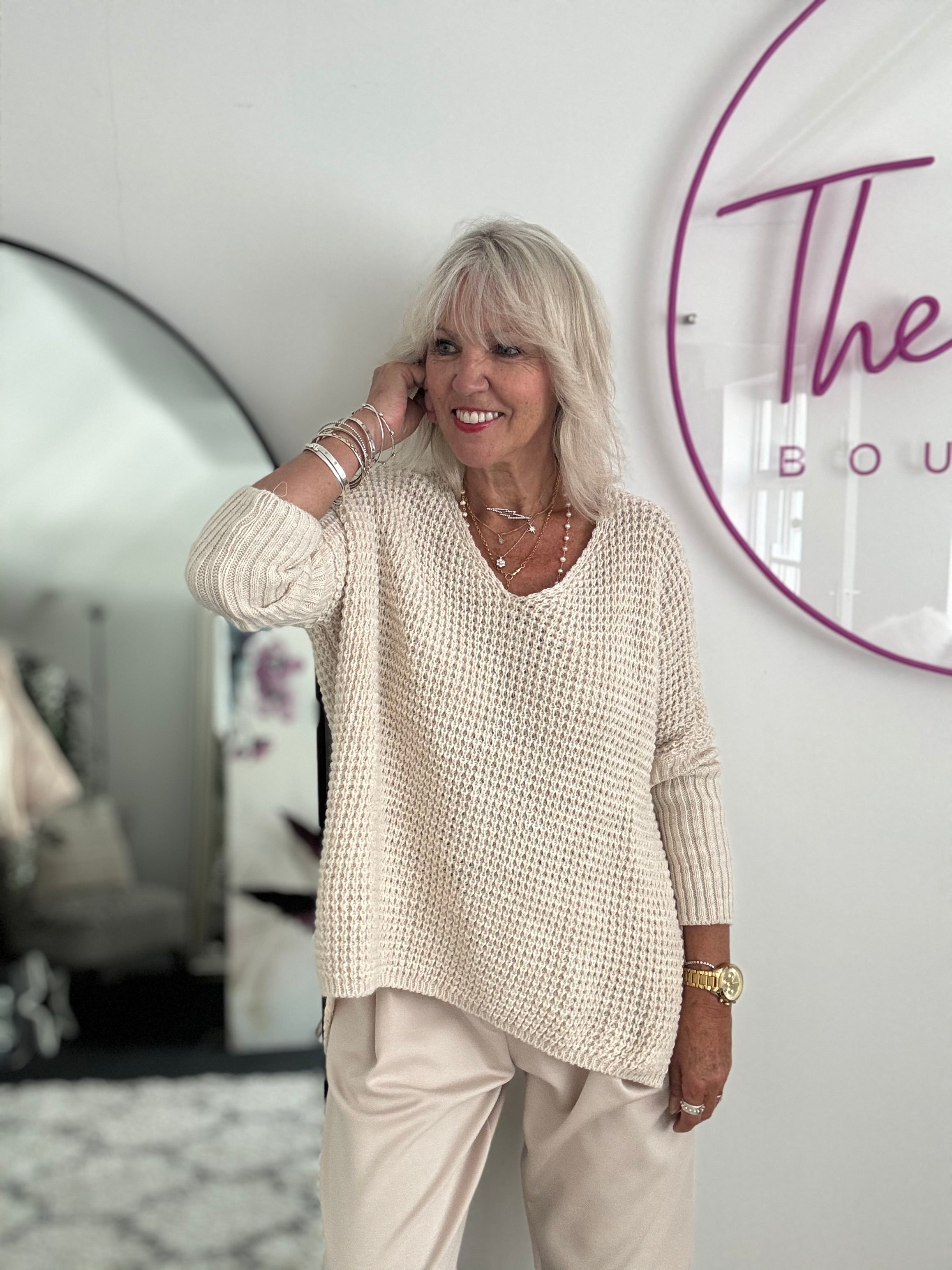 V Neck Waffle Knit in Ecru