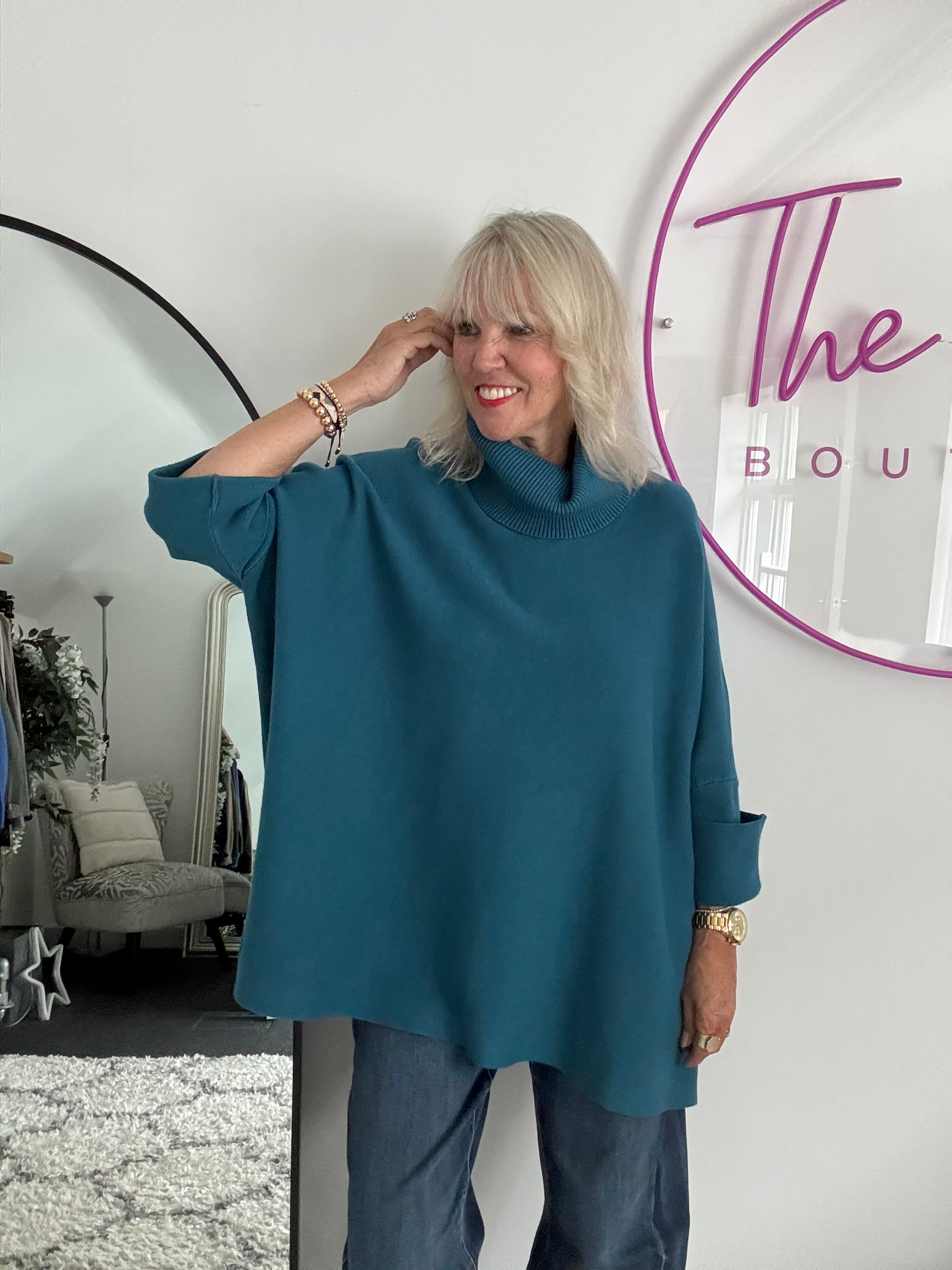 Oversized Roll Neck Poncho Jumper in Teal