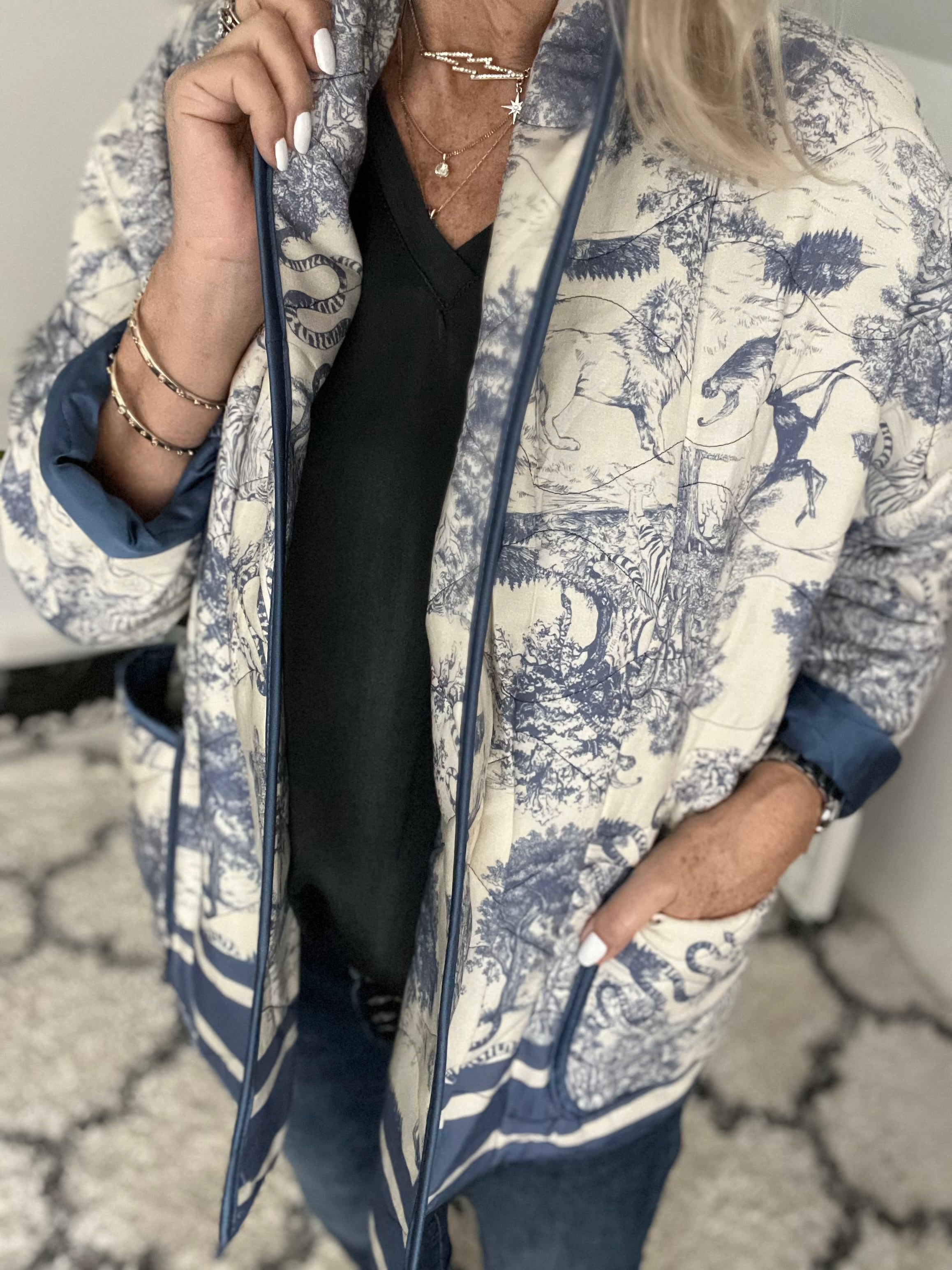 Quilted Jacket in Blue & Ivory