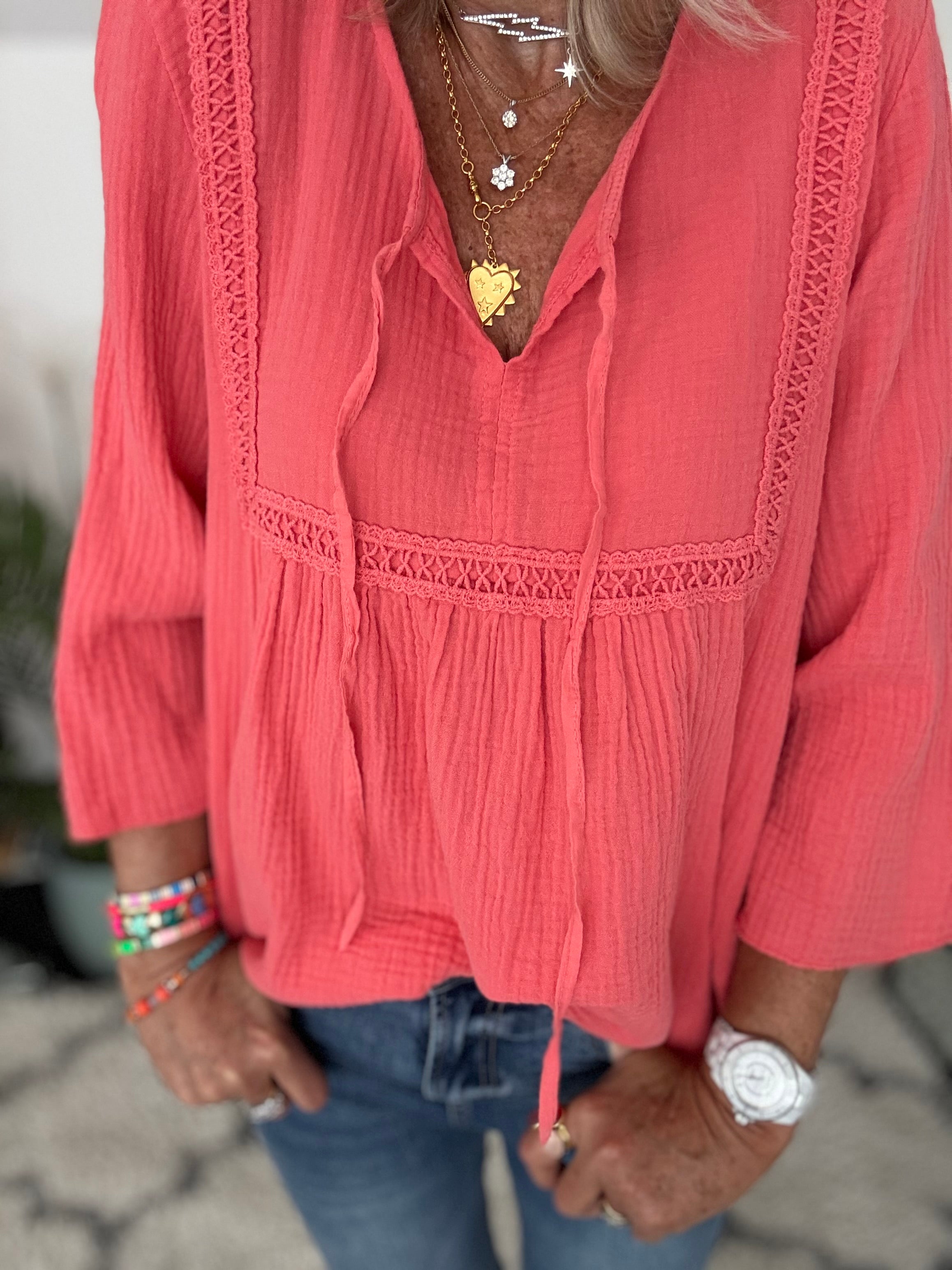 Cheesecloth Folk Blouse in Coral
