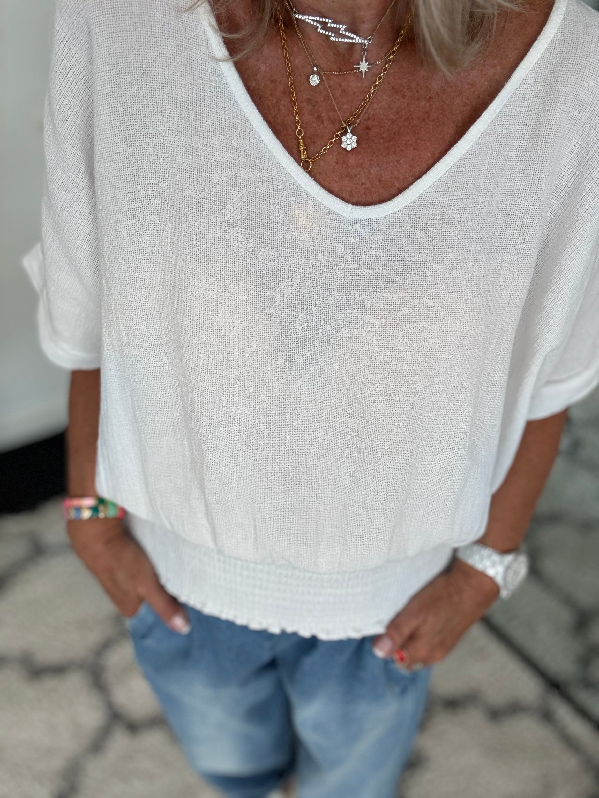 Linen & Cotton Top with Shirred Waist in White